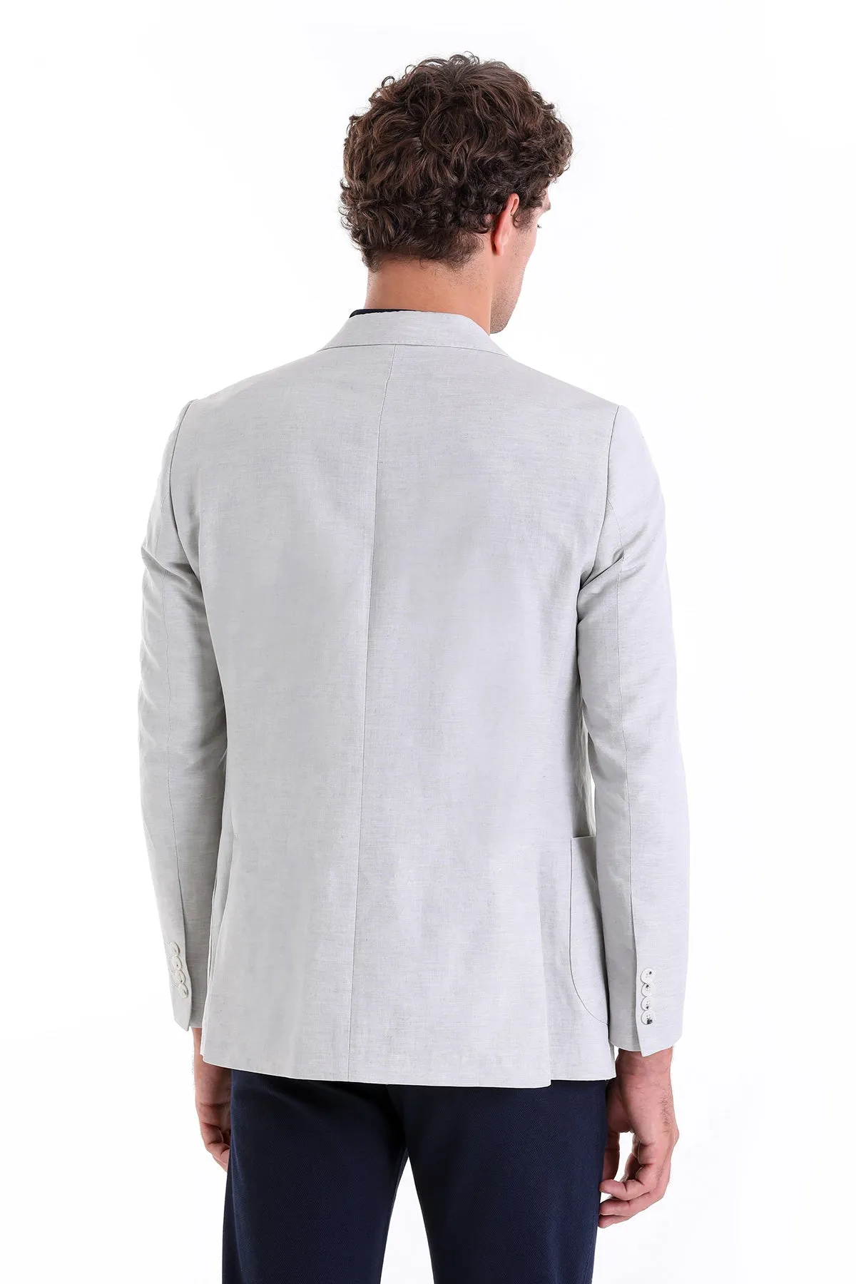 Slim Fit Double Breasted Gray Linen Casual Blazer