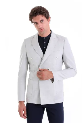 Slim Fit Double Breasted Gray Linen Casual Blazer