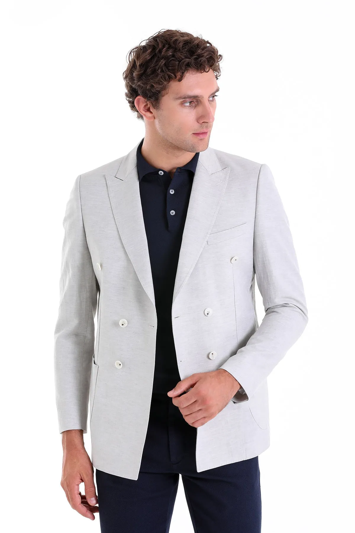 Slim Fit Double Breasted Gray Linen Casual Blazer