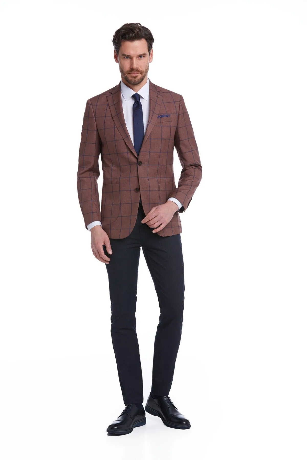 Slim Fit Notch Lapel Checked Brick Classic Blazer, Brick K