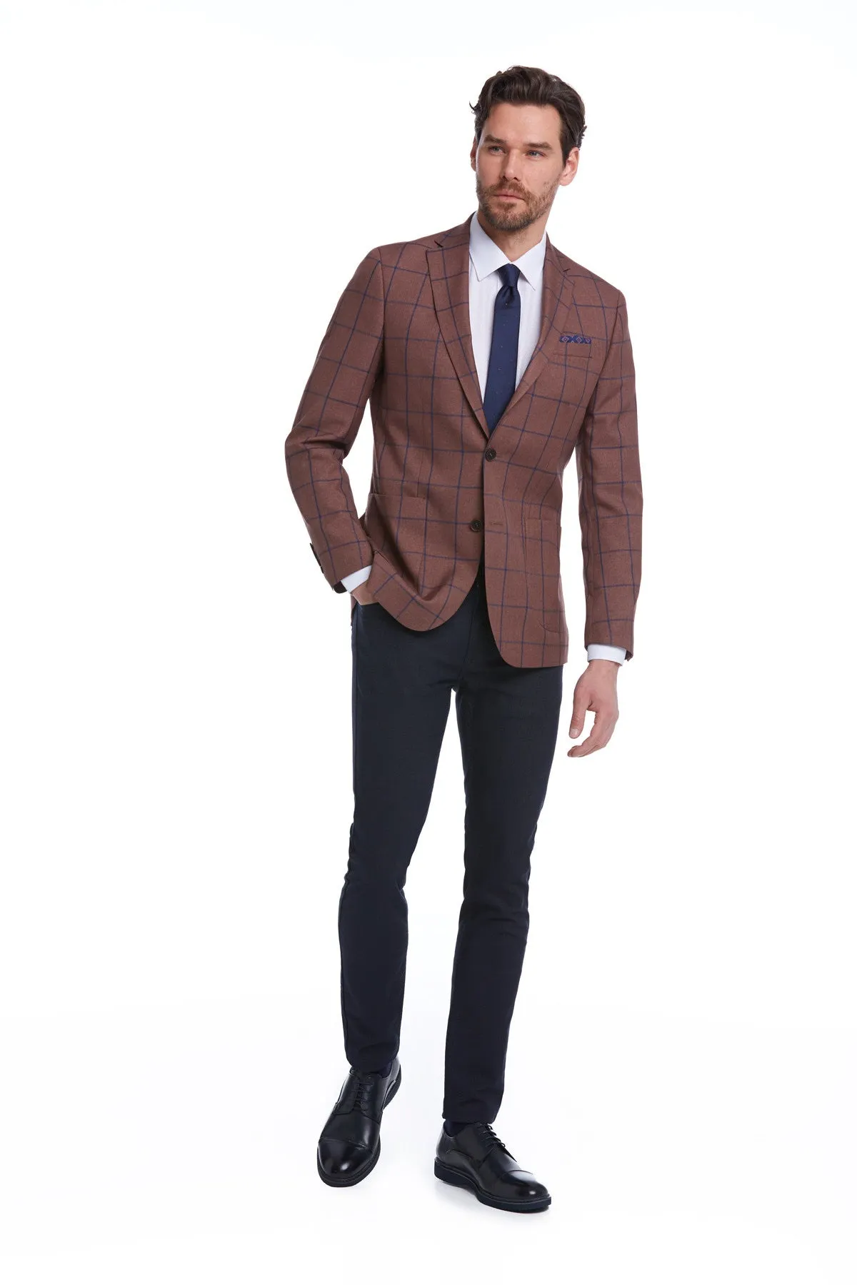 Slim Fit Notch Lapel Checked Brick Classic Blazer, Brick K