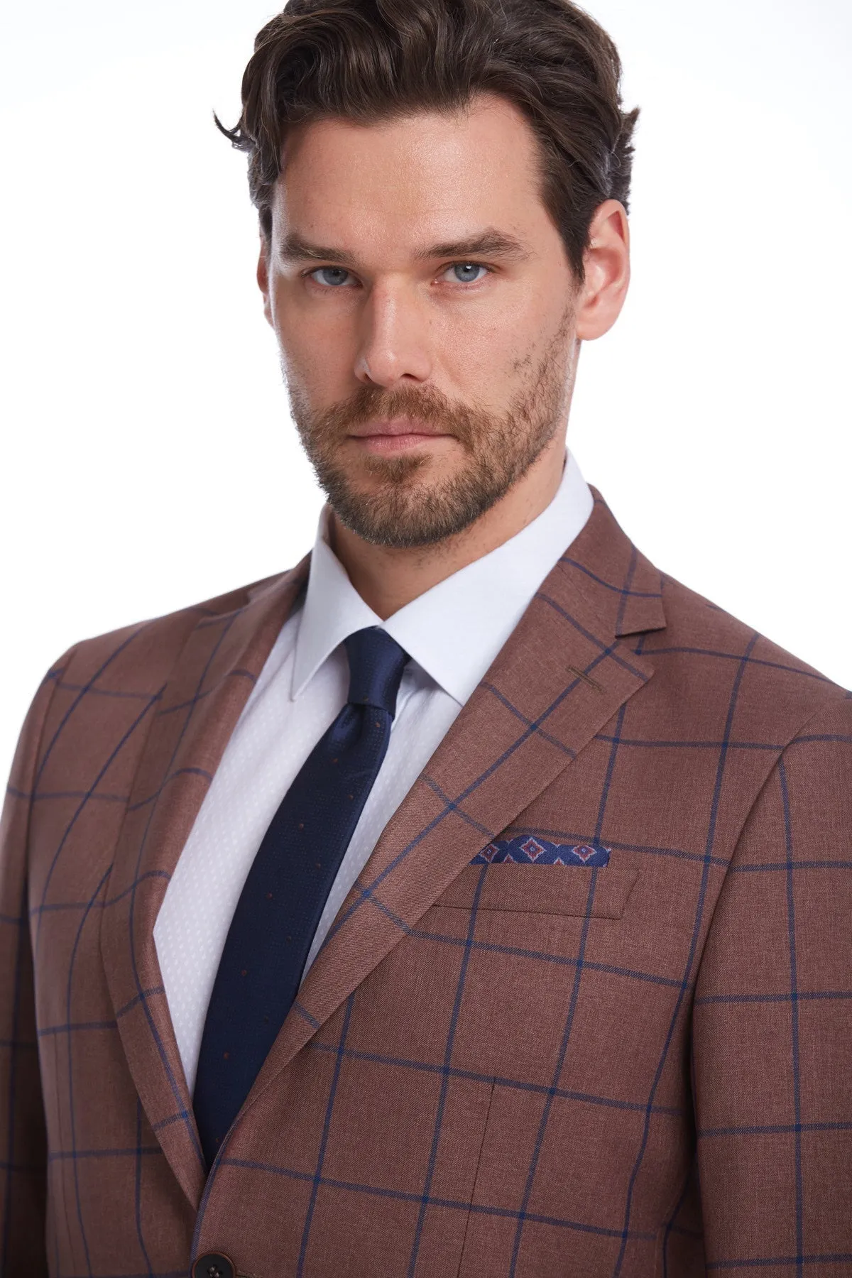 Slim Fit Notch Lapel Checked Brick Classic Blazer, Brick K