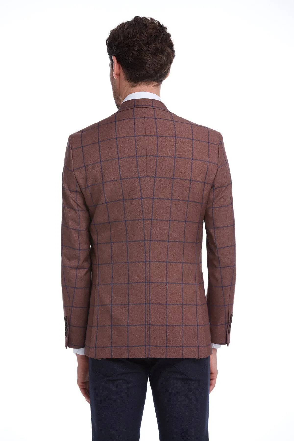 Slim Fit Notch Lapel Checked Brick Classic Blazer, Brick K