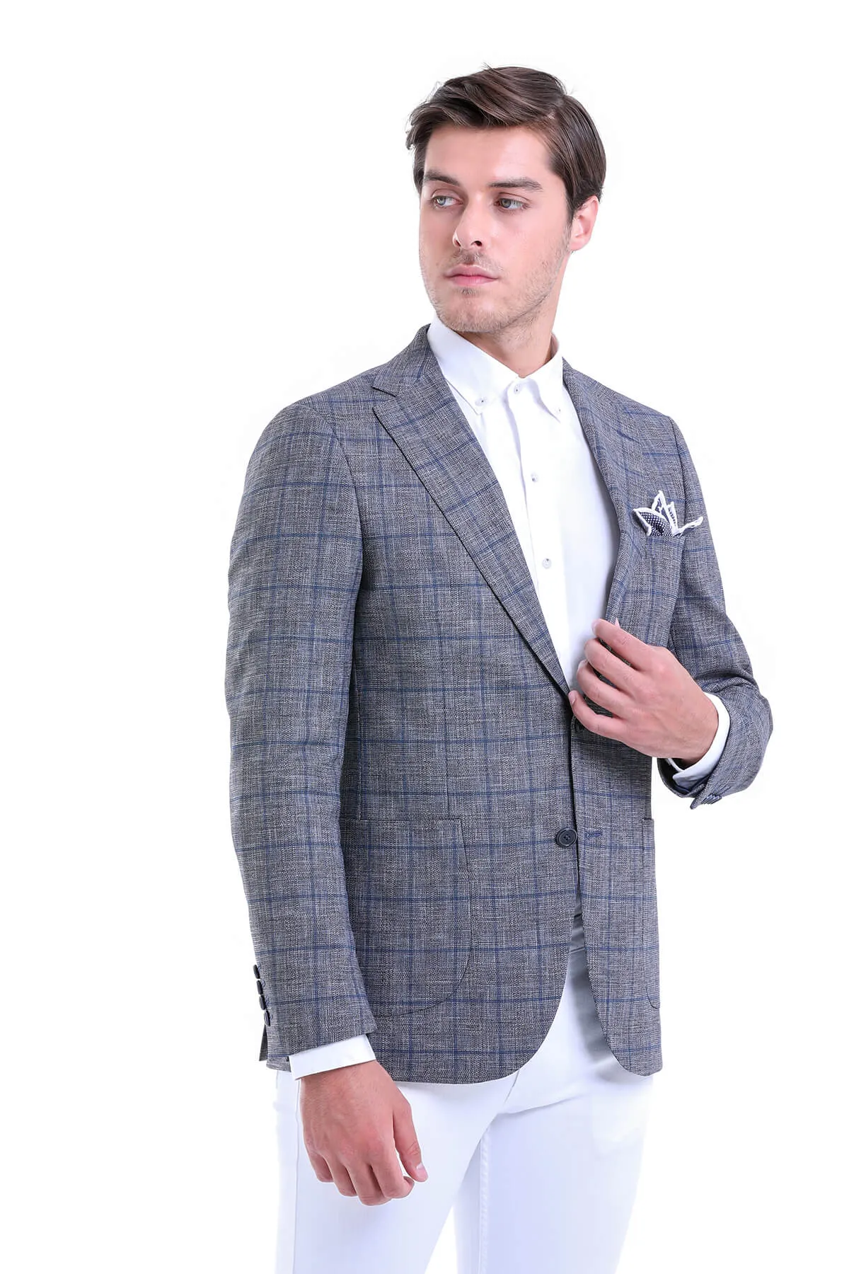 Slim Fit Notch Lapel Plaid Linen Navy Classic Blazer