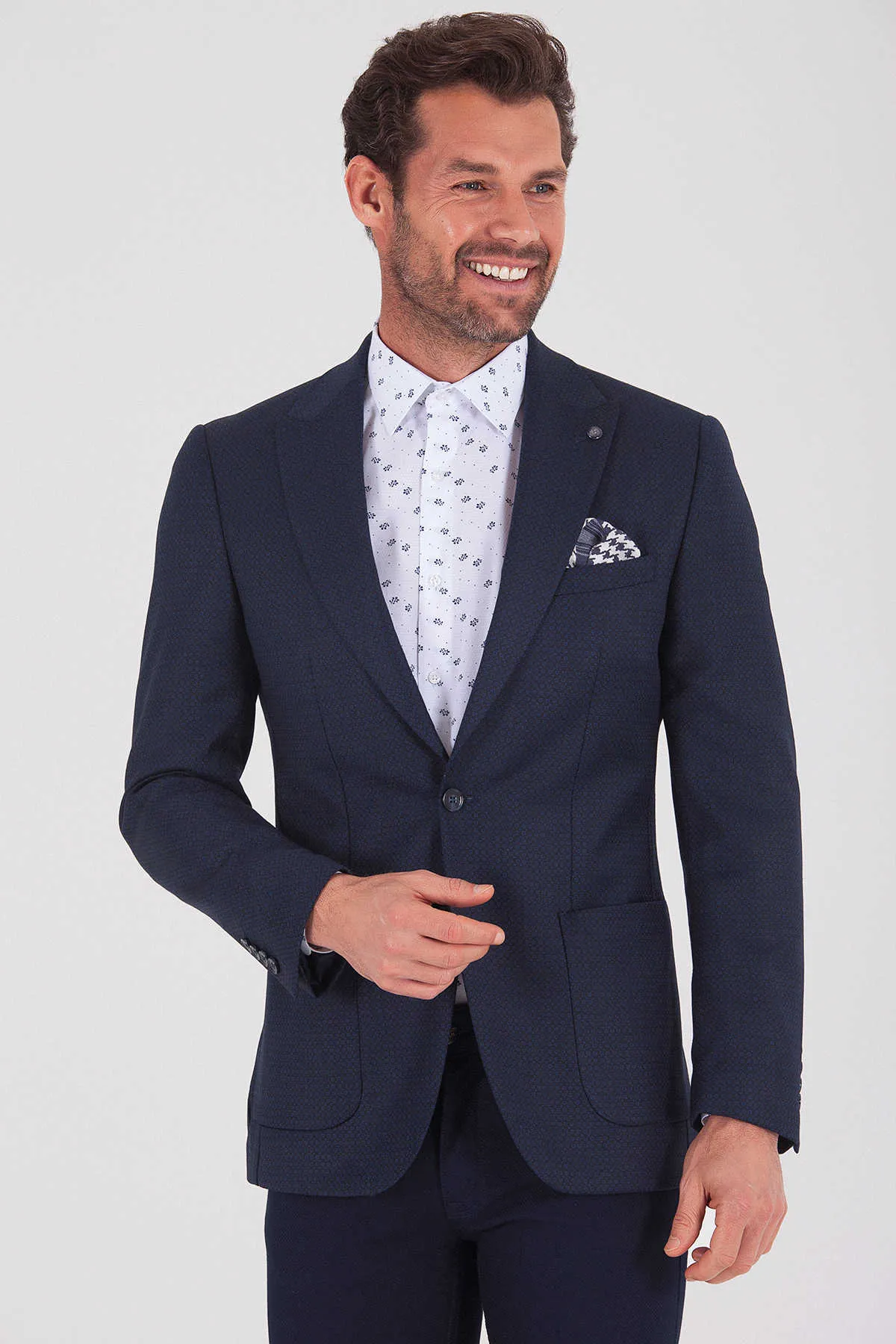 Slim Fit Peak Lapel Patterned Wool Blend Navy Casual Blazer, Navy D.