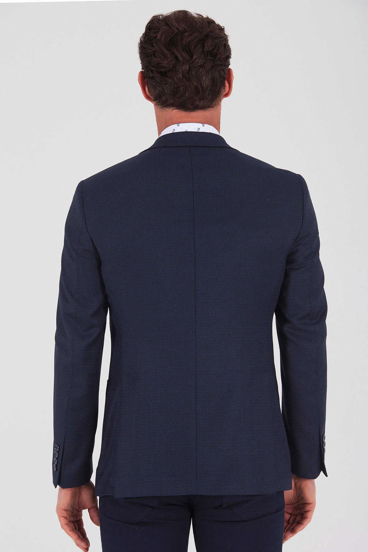 Slim Fit Peak Lapel Patterned Wool Blend Navy Casual Blazer, Navy D.