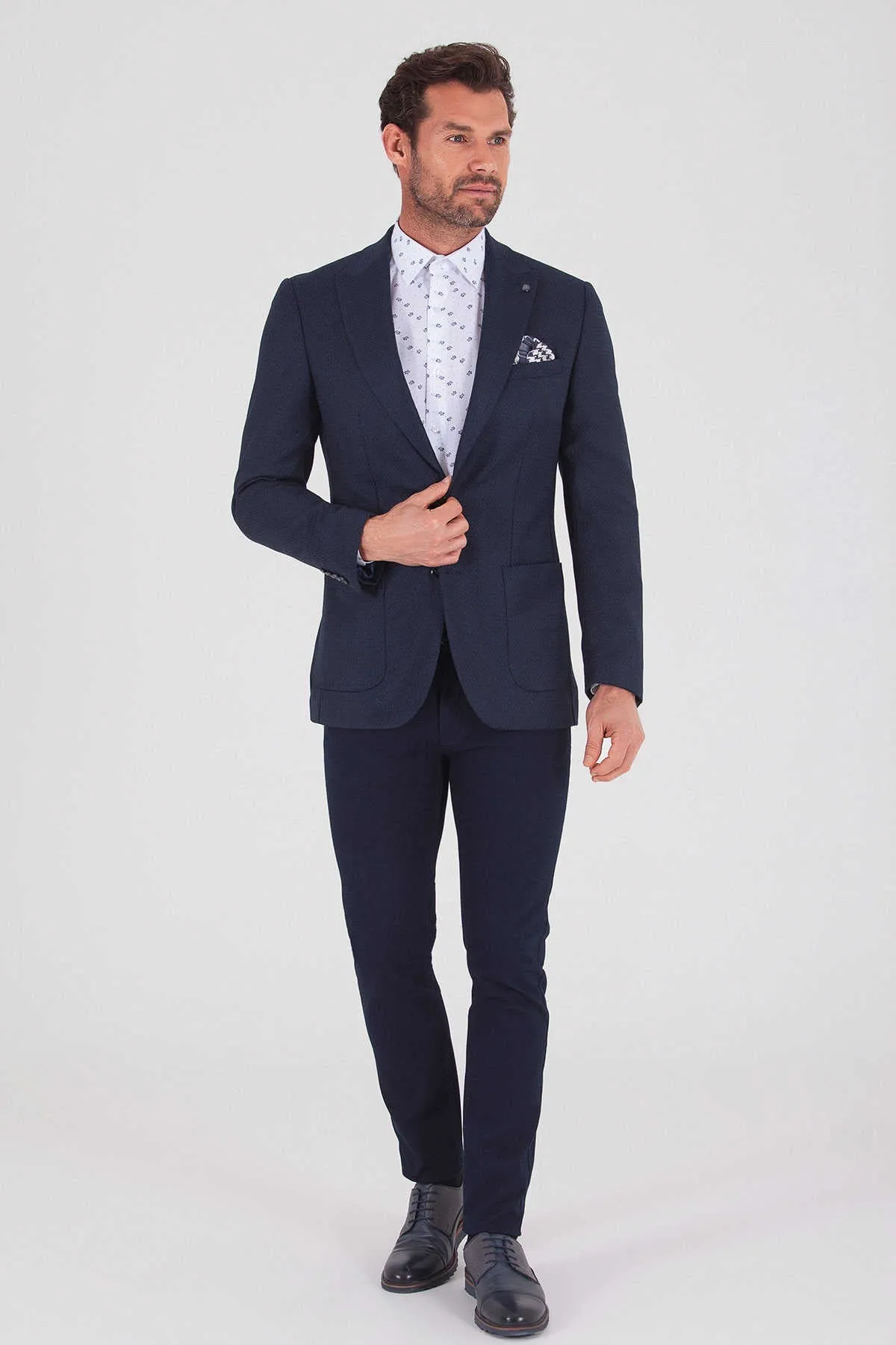 Slim Fit Peak Lapel Patterned Wool Blend Navy Casual Blazer, Navy D.