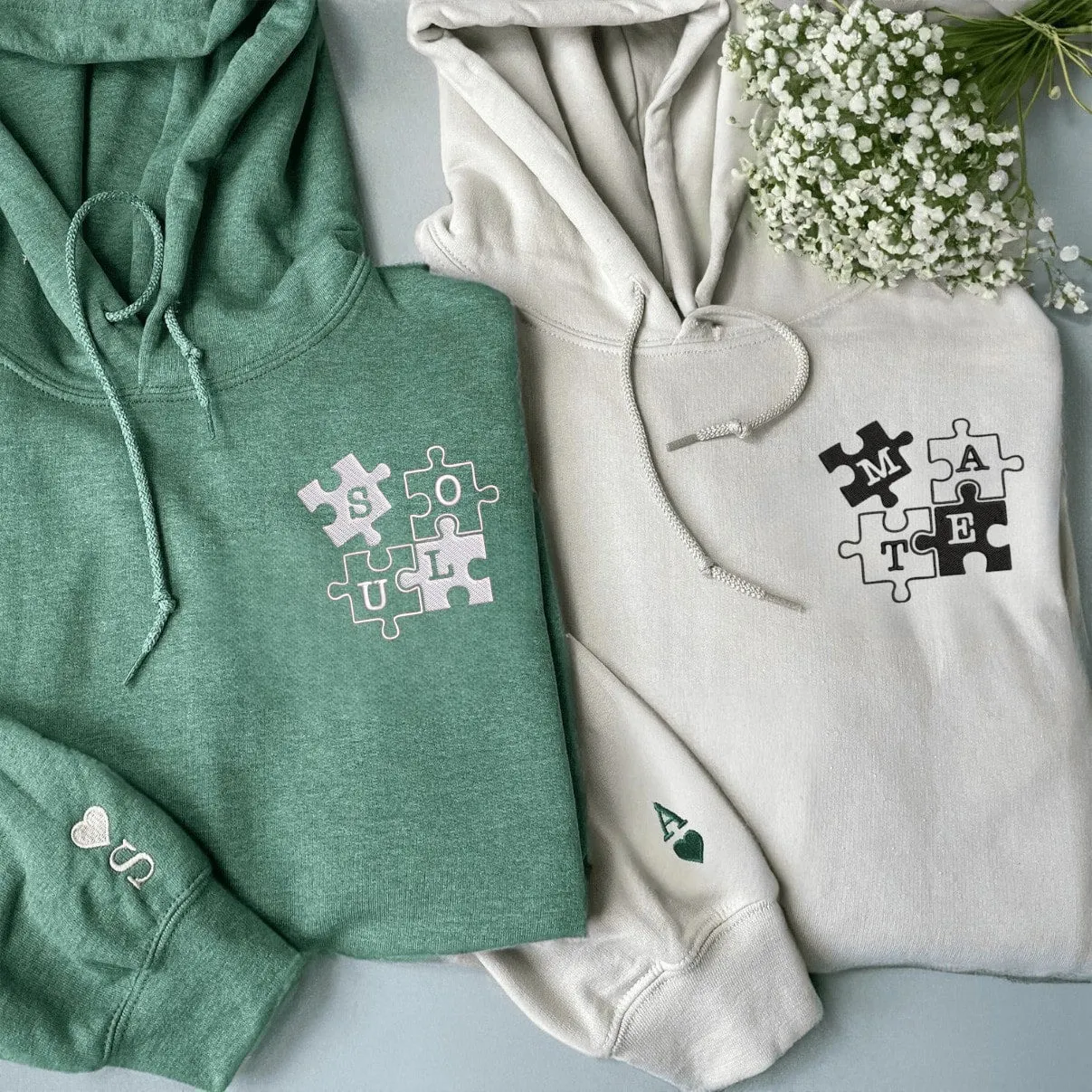 Soul Mate Puzzle Hoodies - Custom Embroidered Sweatshirts For Couples