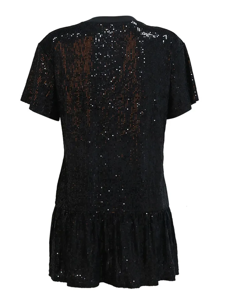 Sparkling Short Sleeve Printed Lotus Hem Dress