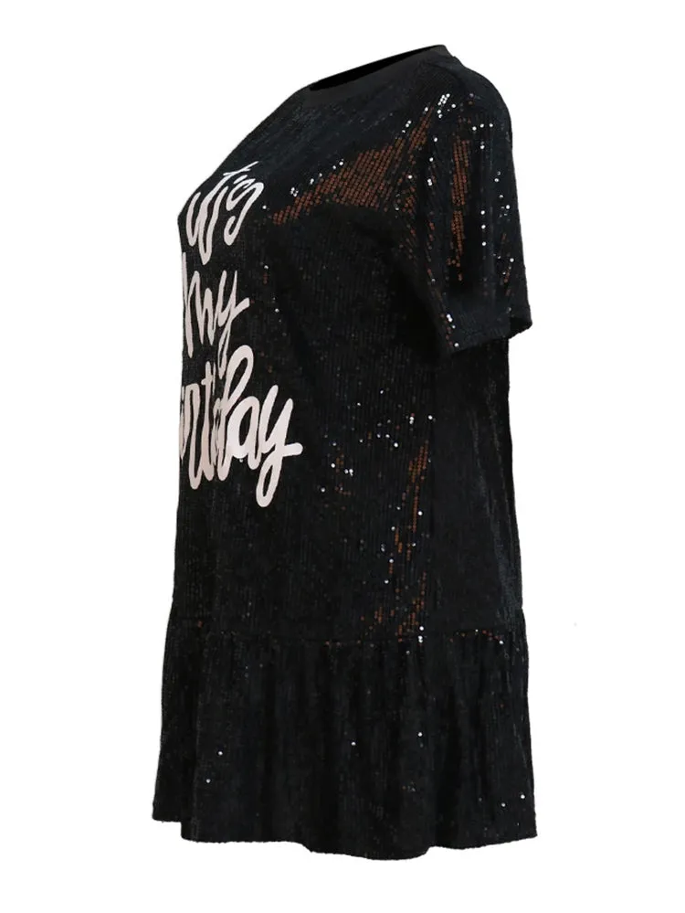 Sparkling Short Sleeve Printed Lotus Hem Dress