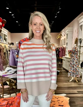 Striped Mock Neck Sleeve Tunic Sweater