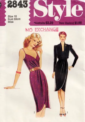 Style 2843 Womens Evening Tulip Hem Wrap Dress & Bolero Jacket 1970s Vintage Sewing Pattern Size 10 UNCUT Factory Folded