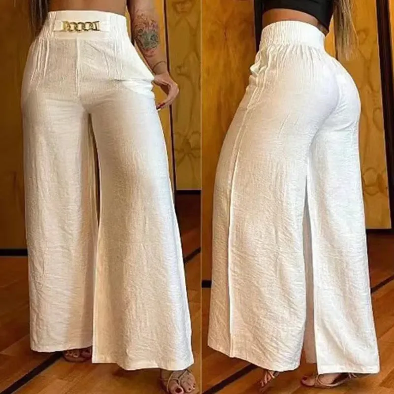 Summer Waist Wide Leg Straight Pants Women Chain High Casual Pocket Design Elegant Vacation Long Pants Streetwear Loose Trousers