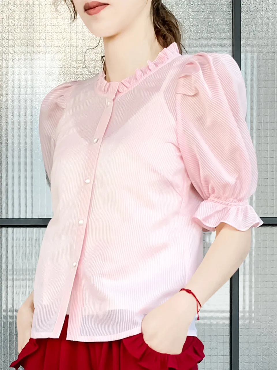 Surprise Sale! Sweet Pink Ruffle Trim Puff Sleeve Silver Stripe Top