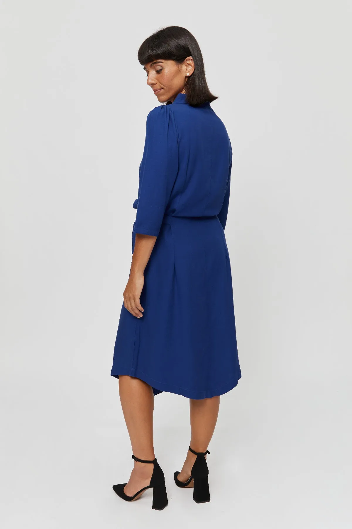 Suzi | Belted Angle Dress with Boat Neckline in Midnight Blue