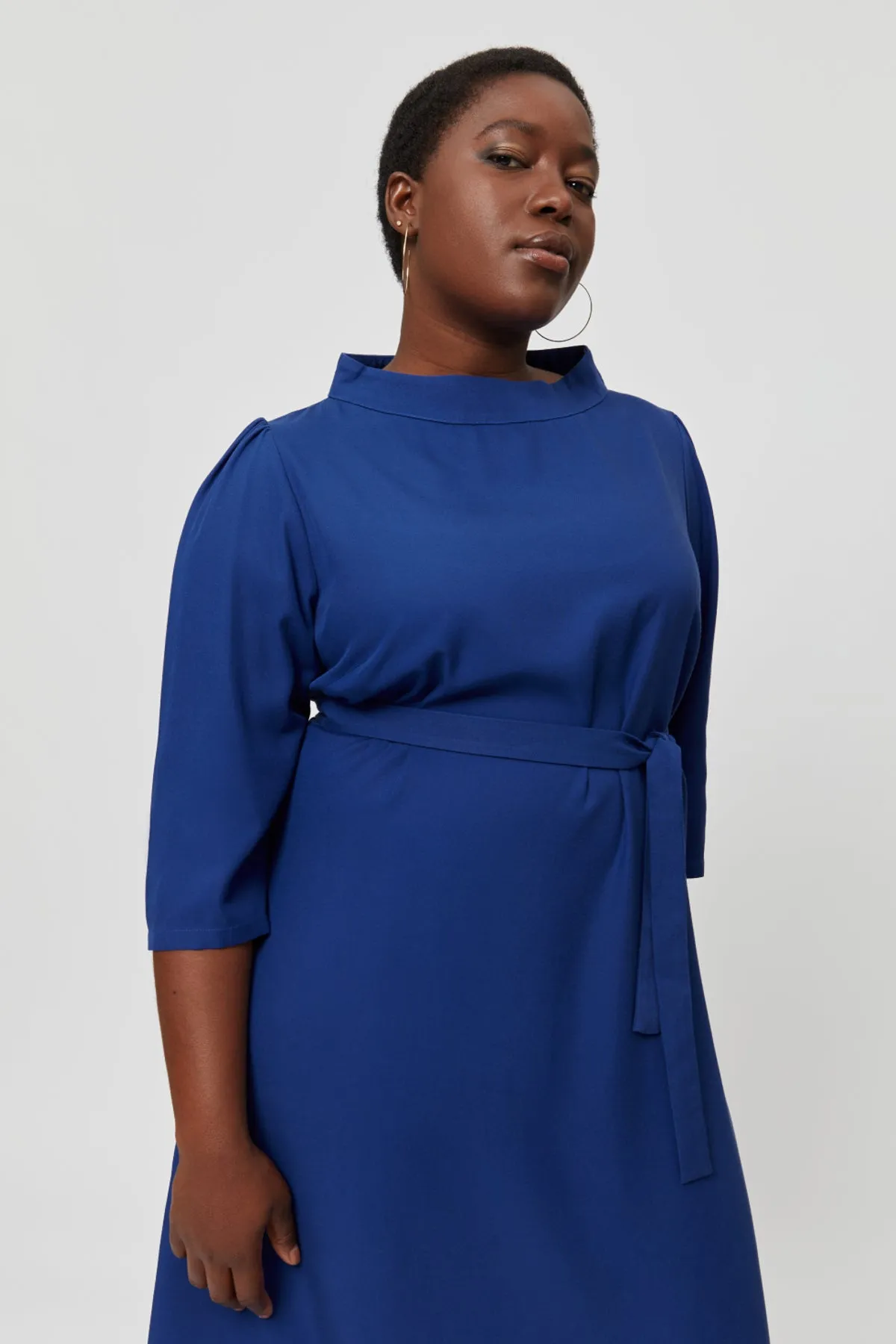 Suzi | Belted Angle Dress with Boat Neckline in Midnight Blue