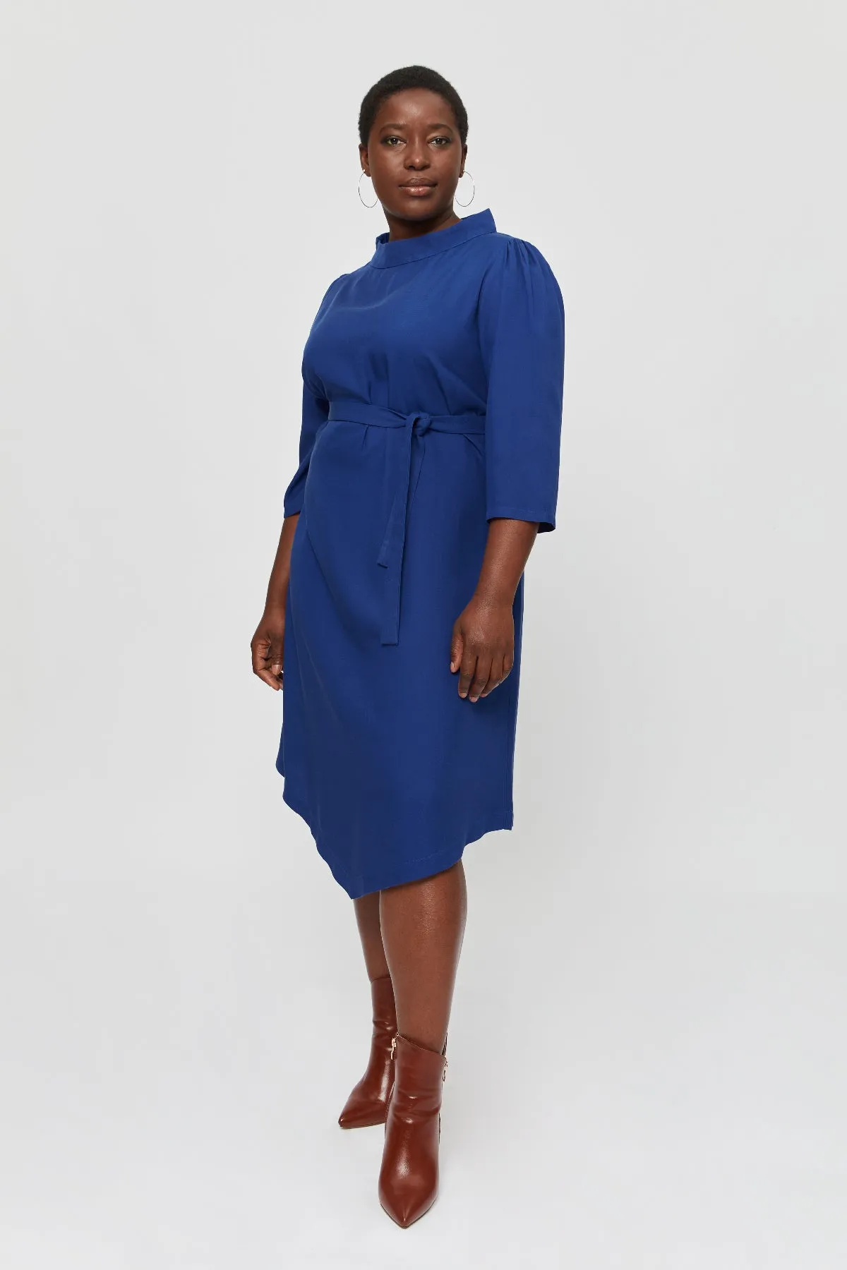 Suzi | Belted Angle Dress with Boat Neckline in Midnight Blue