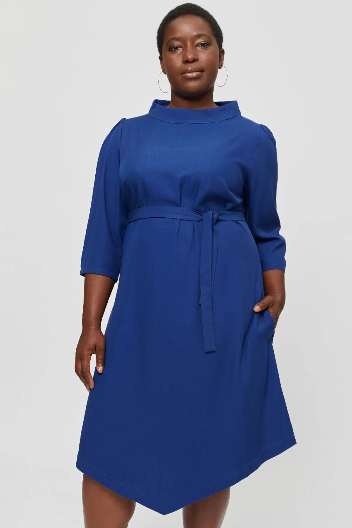 Suzi | Belted Angle Dress with Boat Neckline in Midnight Blue