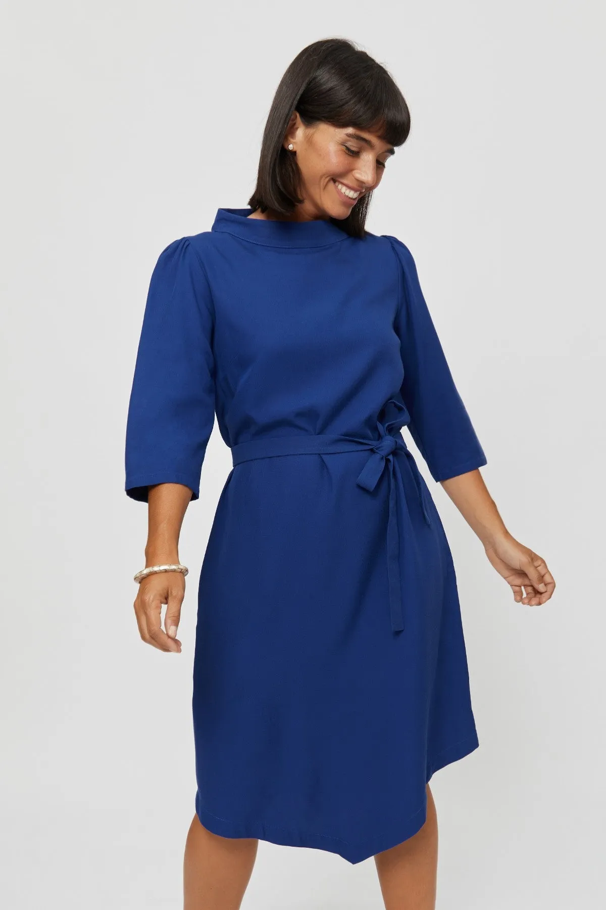 Suzi | Belted Angle Dress with Boat Neckline in Midnight Blue