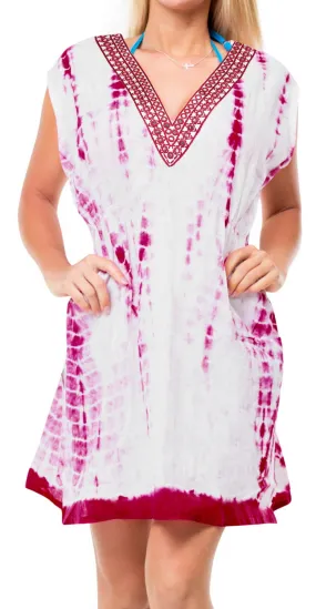 Swimsuit Kimono Tie Dye Poncho Cotton Caftan Cover up Dress V Neck Tunic Pink