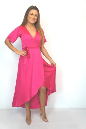 The Maxi Wrap Dress - Hot Pink Satin