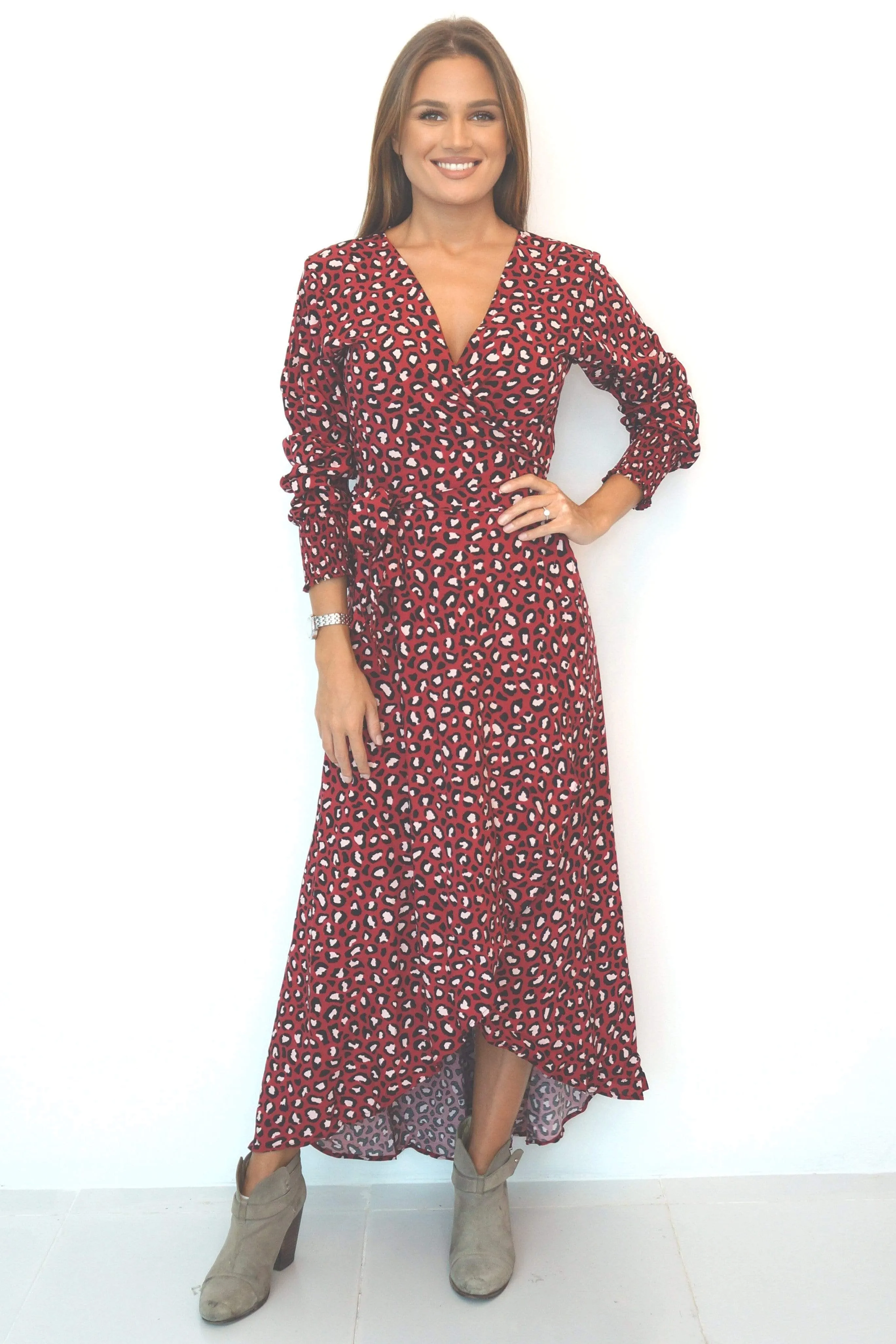 The Maxi Wrap Dress w/ Cuffed Sleeve - Deep Raspberry Ice Pink Animal