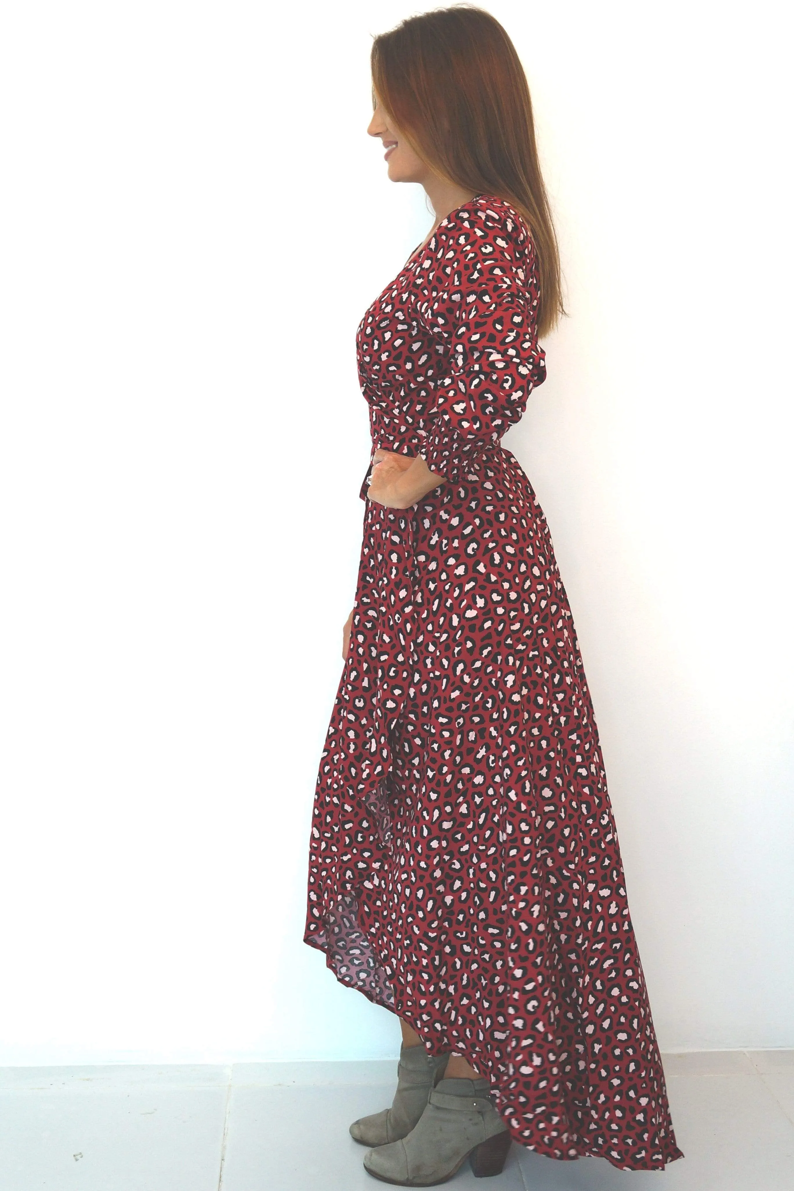 The Maxi Wrap Dress w/ Cuffed Sleeve - Deep Raspberry Ice Pink Animal