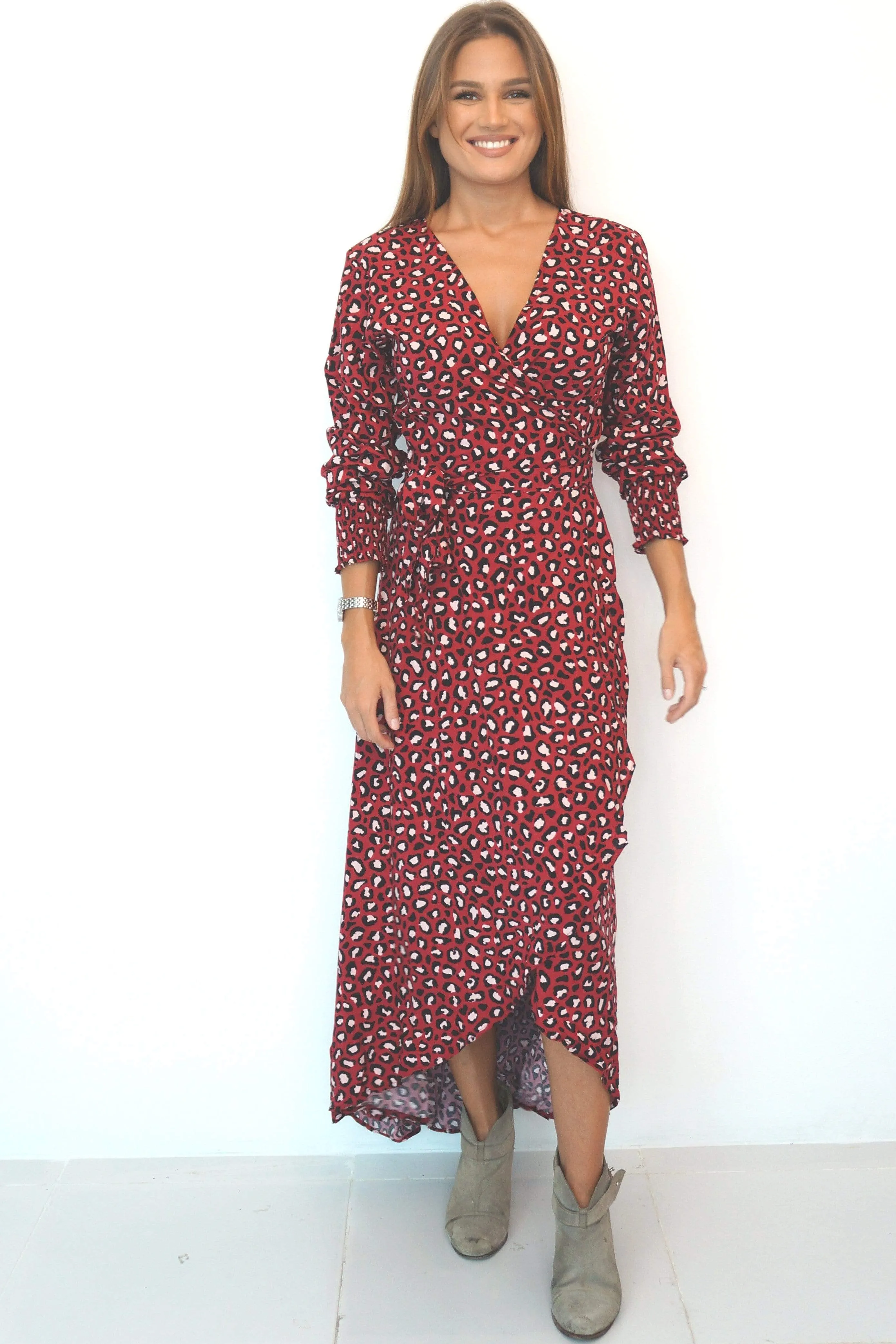 The Maxi Wrap Dress w/ Cuffed Sleeve - Deep Raspberry Ice Pink Animal