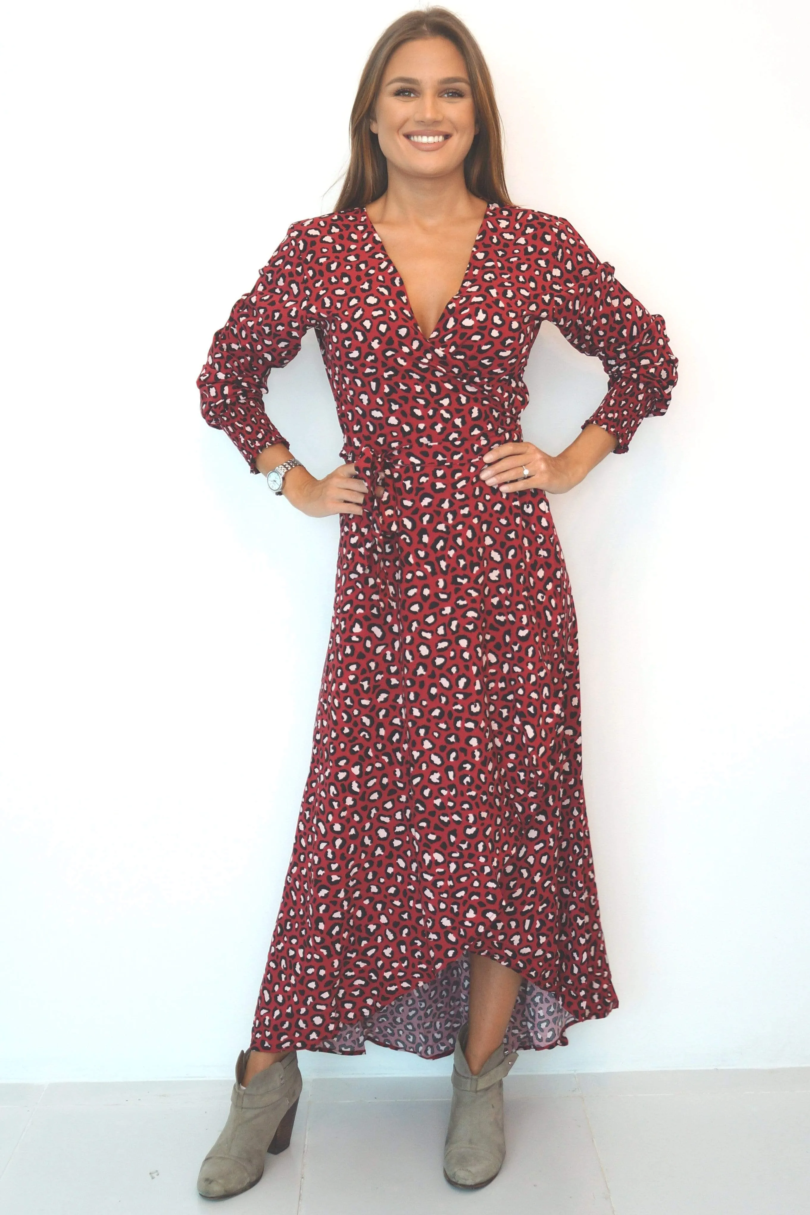 The Maxi Wrap Dress w/ Cuffed Sleeve - Deep Raspberry Ice Pink Animal