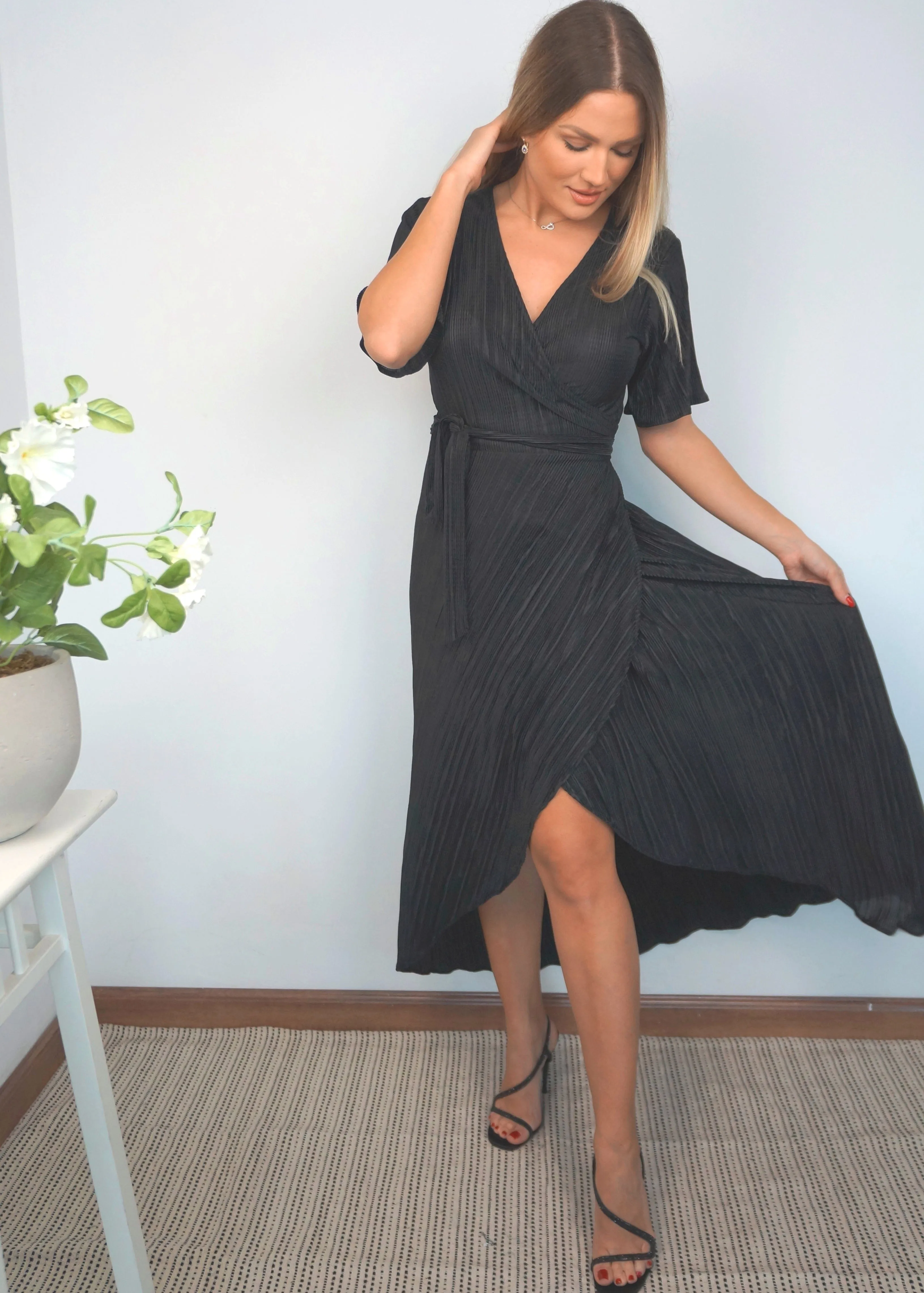 The Pleated Wrap Dress - Black Pleats