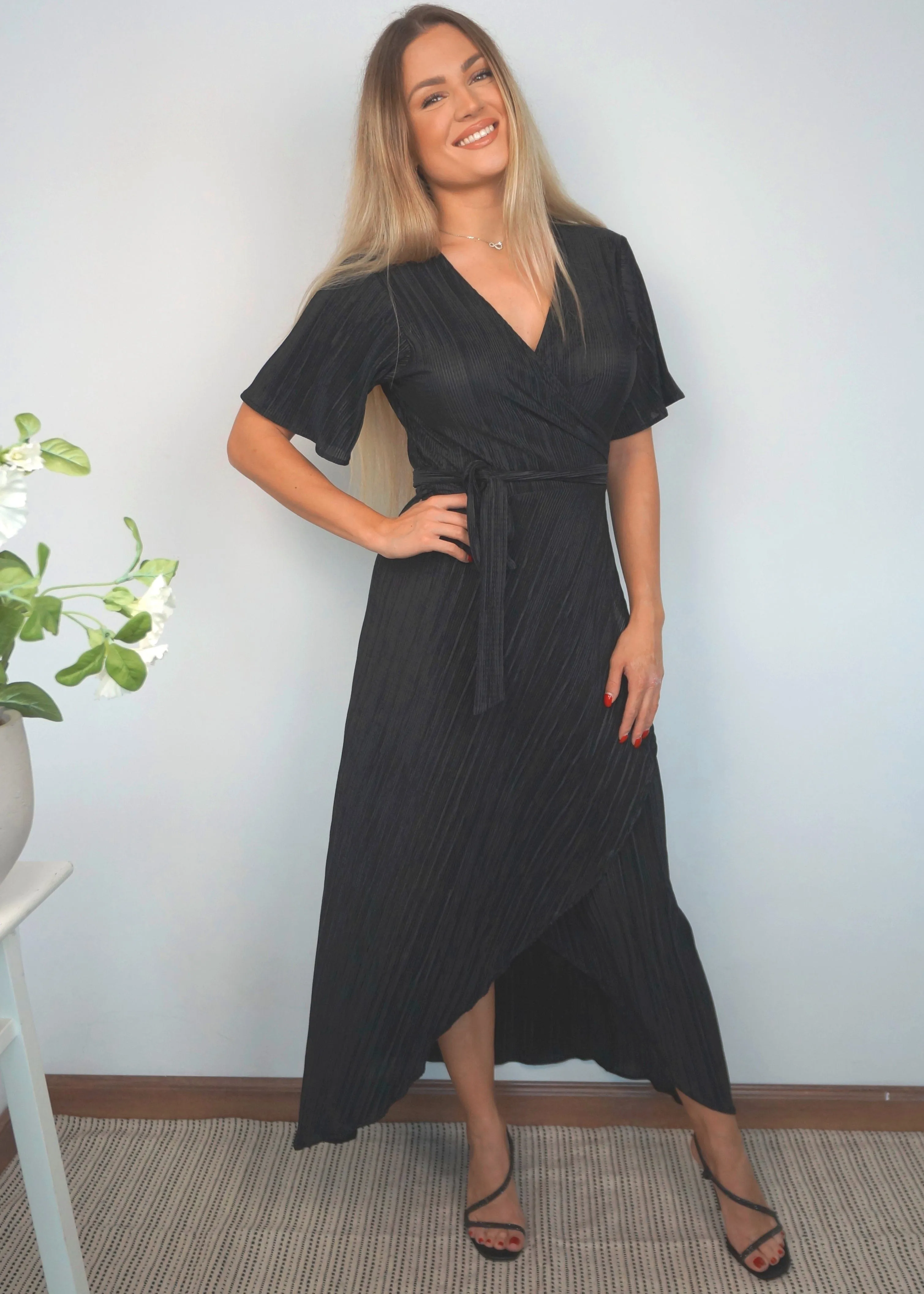 The Pleated Wrap Dress - Black Pleats