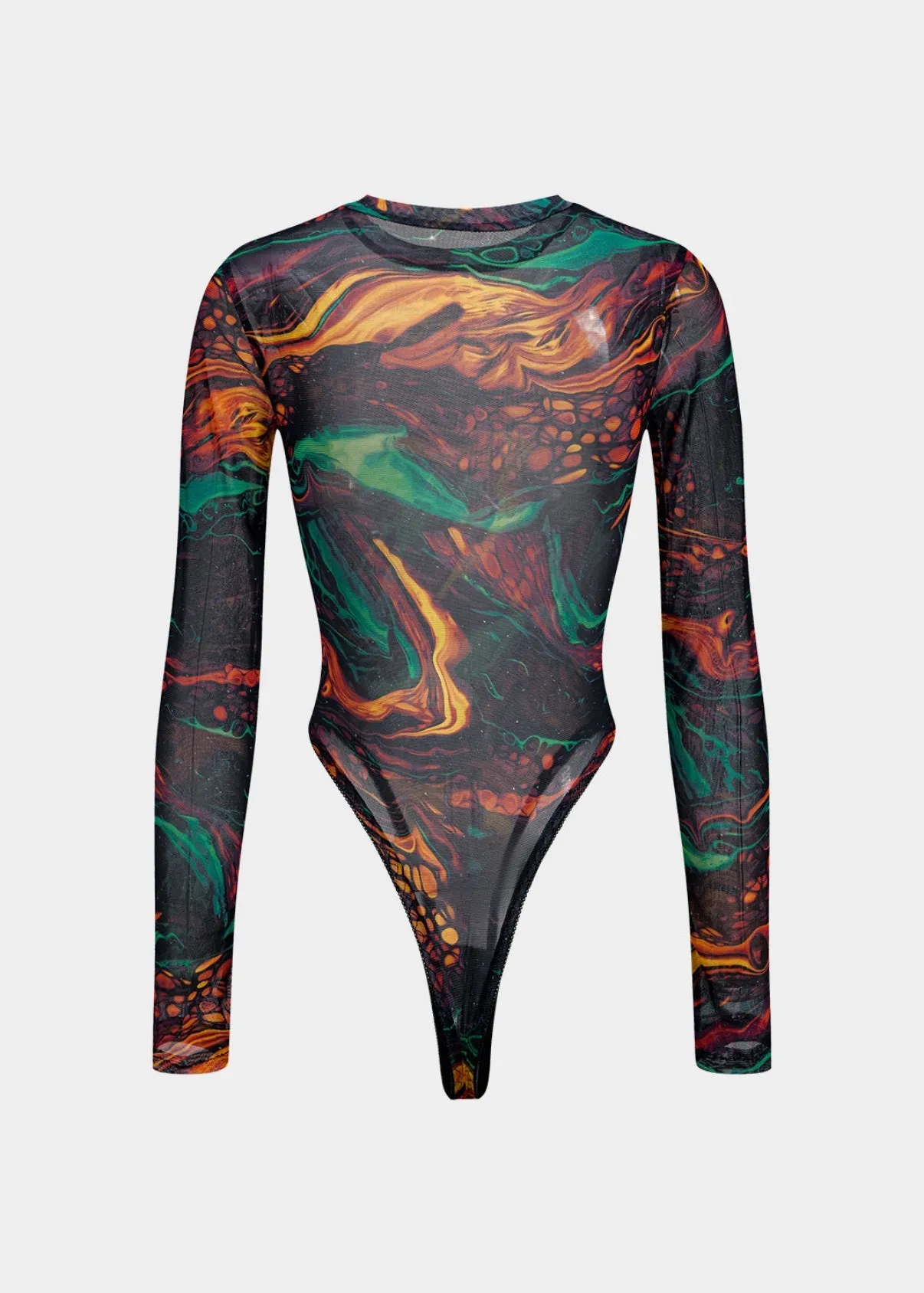 Tie-Dye Print Mesh Long-Sleeved Bodysuit