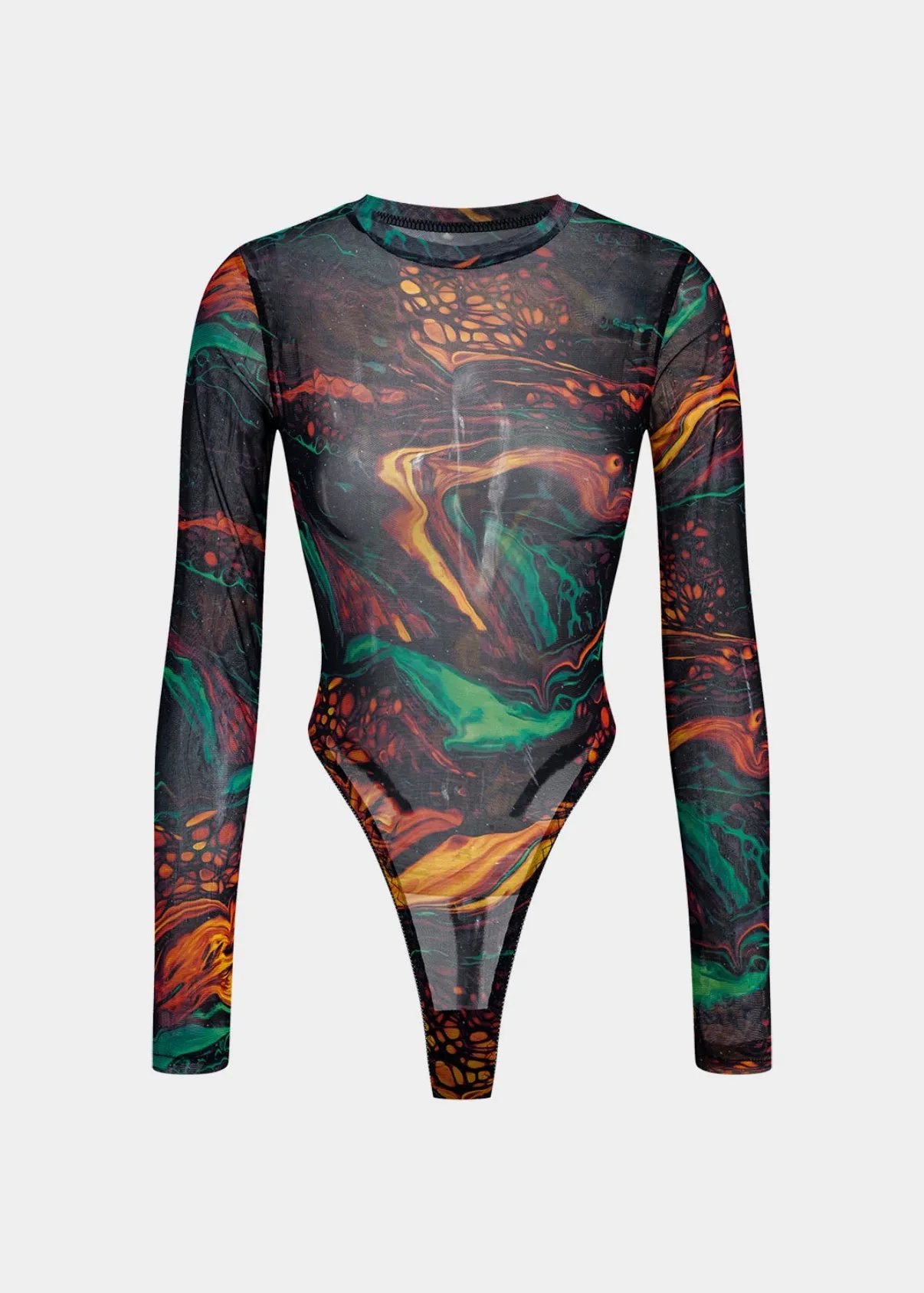 Tie-Dye Print Mesh Long-Sleeved Bodysuit