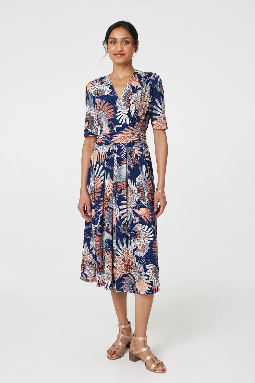 Tropical Print 1/2 Sleeve Midi Wrap Dress