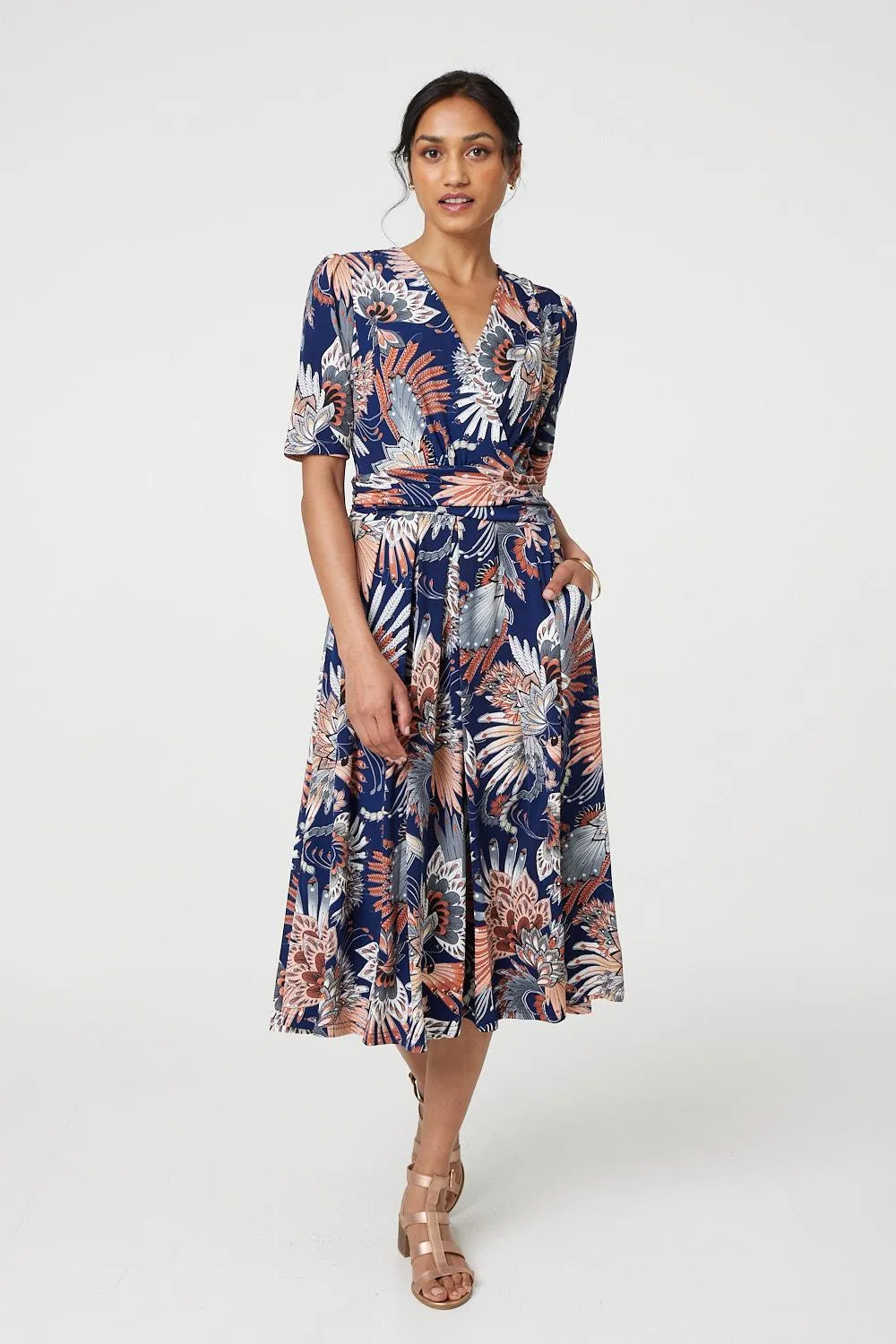 Tropical Print 1/2 Sleeve Midi Wrap Dress