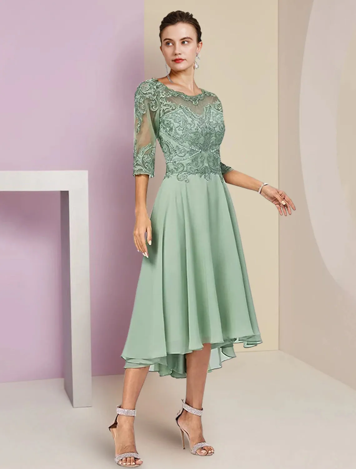 Two Piece A-Line Mother of the Bride Dress Formal Wedding Guest Elegant High Low Scoop Neck Asymmetrical Tea Length Chiffon Lace Half Sleeve Wrap Included with Beading Appliques