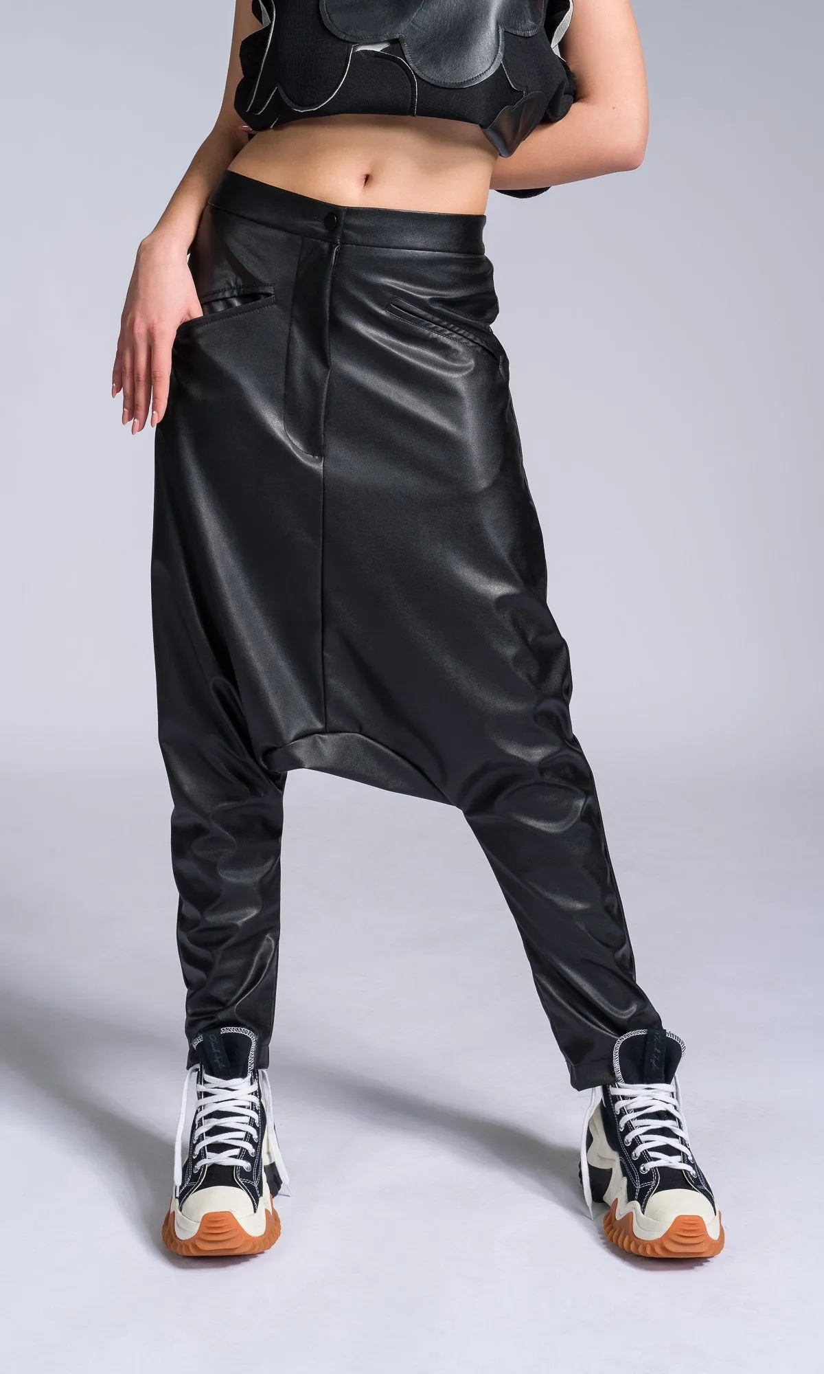 Vegan Leather Pants with Deep Drop Crotch