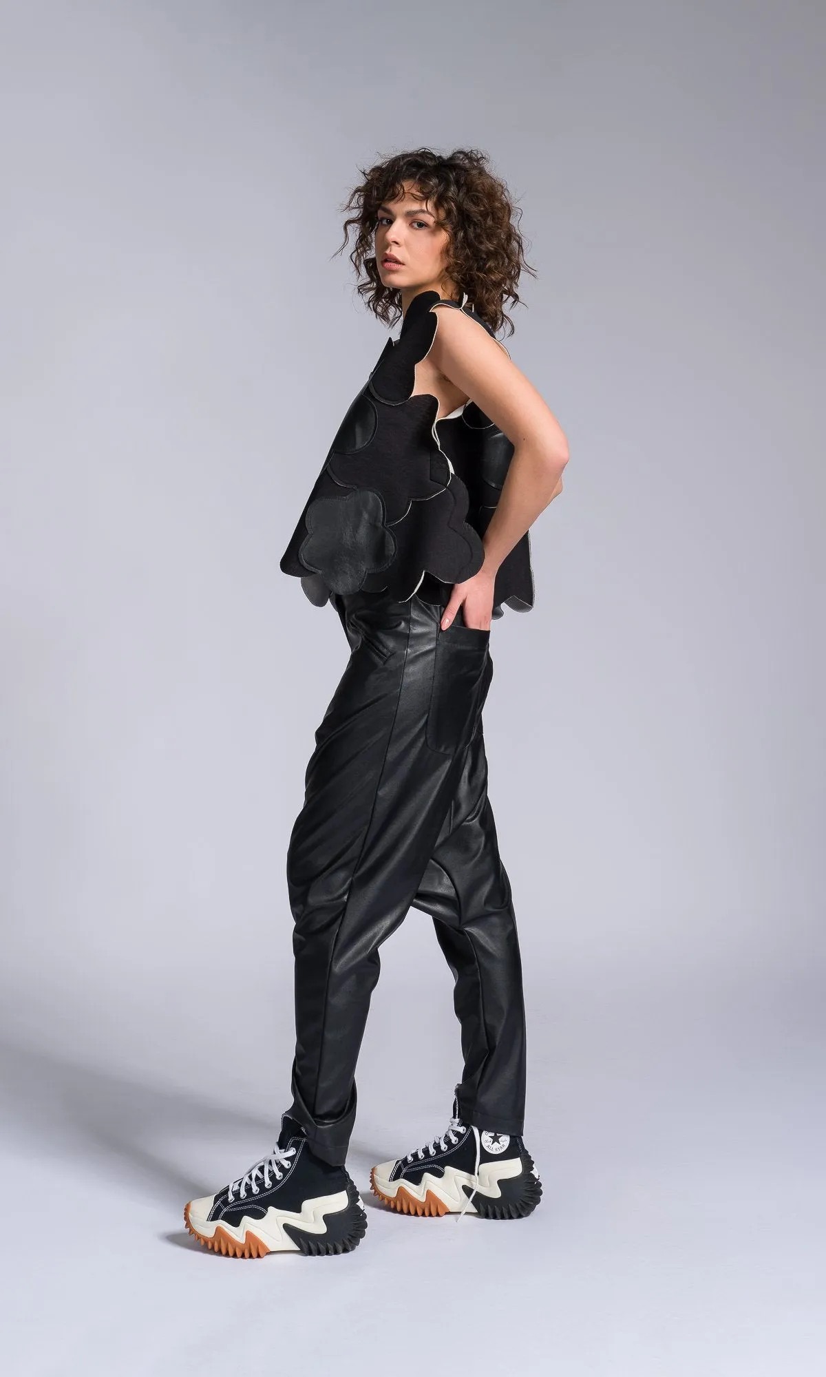 Vegan Leather Pants with Deep Drop Crotch