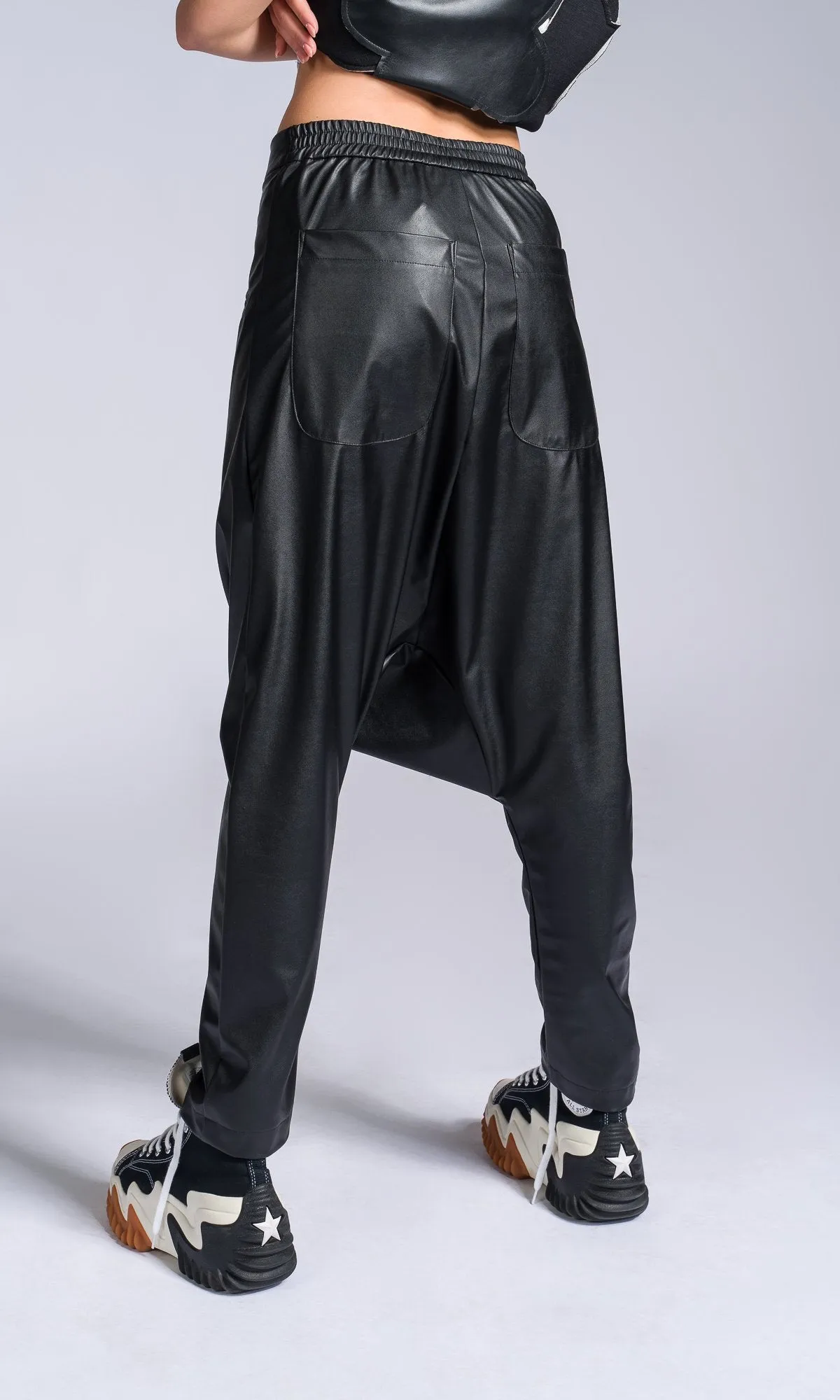 Vegan Leather Pants with Deep Drop Crotch