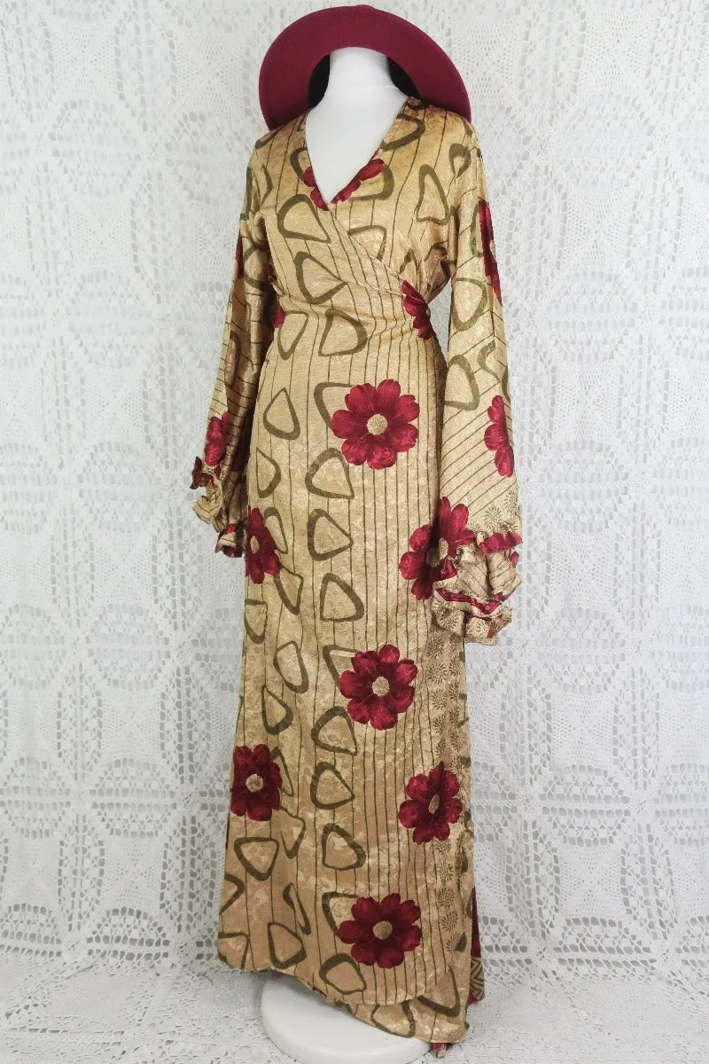 Venus Maxi Wrap Dress - Parchment & Ruby Floral Shimmer - Vintage Indian Sari - XS - S/M