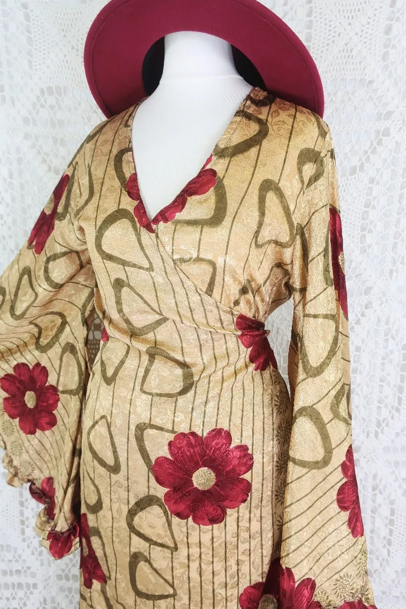 Venus Maxi Wrap Dress - Parchment & Ruby Floral Shimmer - Vintage Indian Sari - XS - S/M