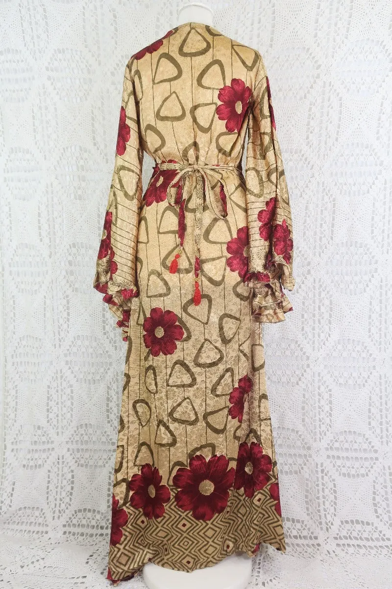 Venus Maxi Wrap Dress - Parchment & Ruby Floral Shimmer - Vintage Indian Sari - XS - S/M