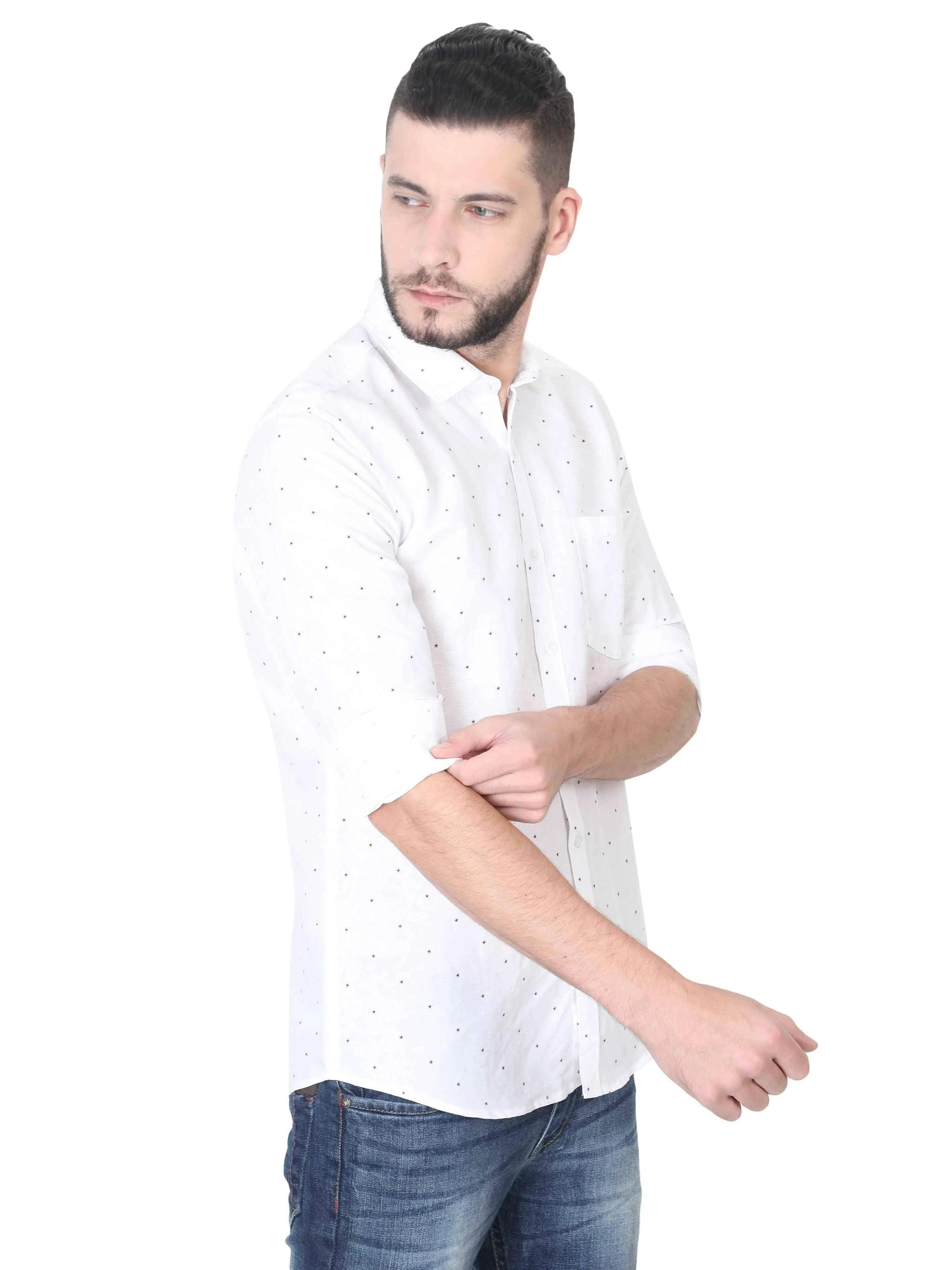 White Linen Printed Casual Shirt