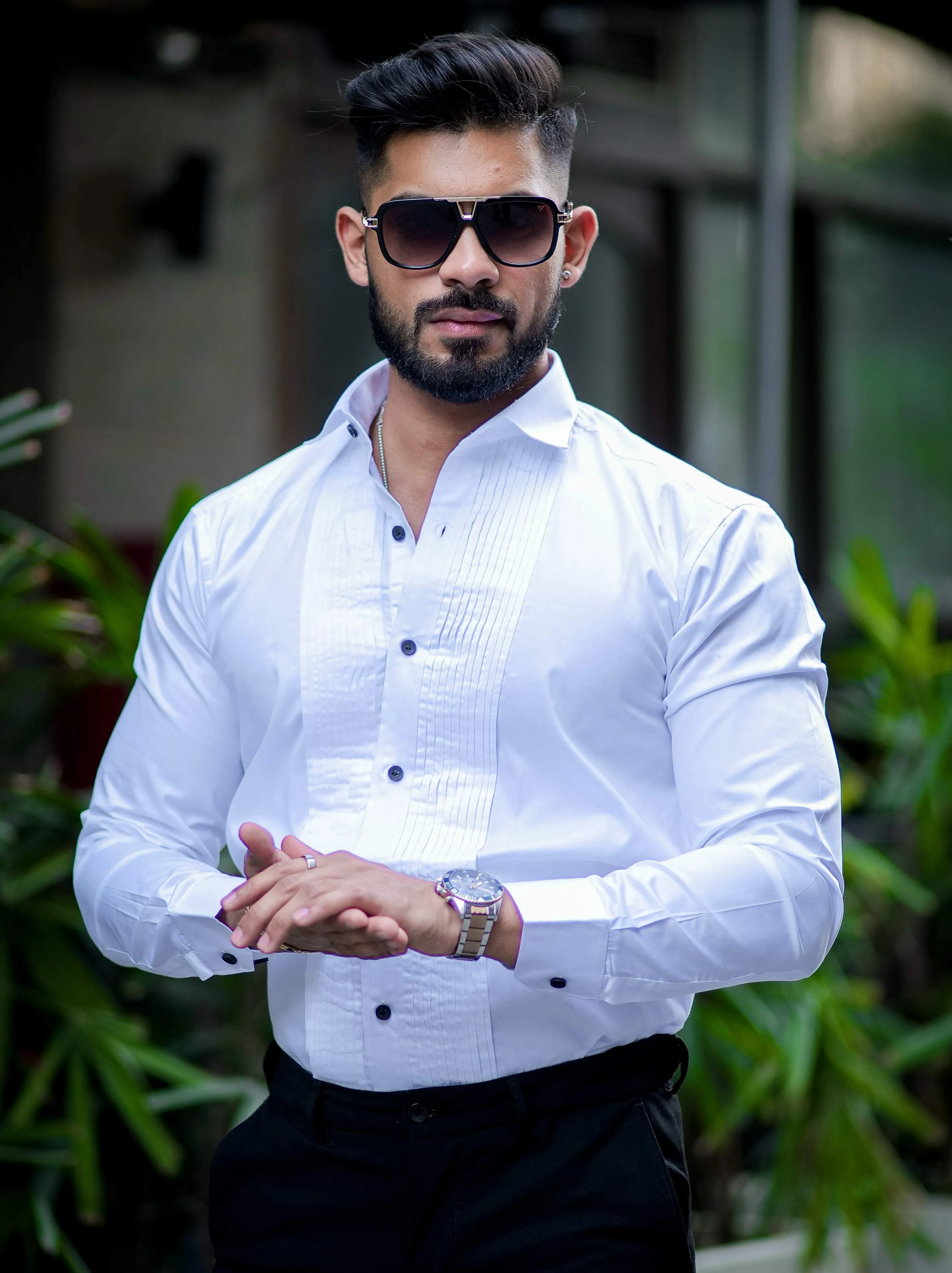 White Subtle Sheen Tuxedo Premium Giza Satin Cotton Shirt