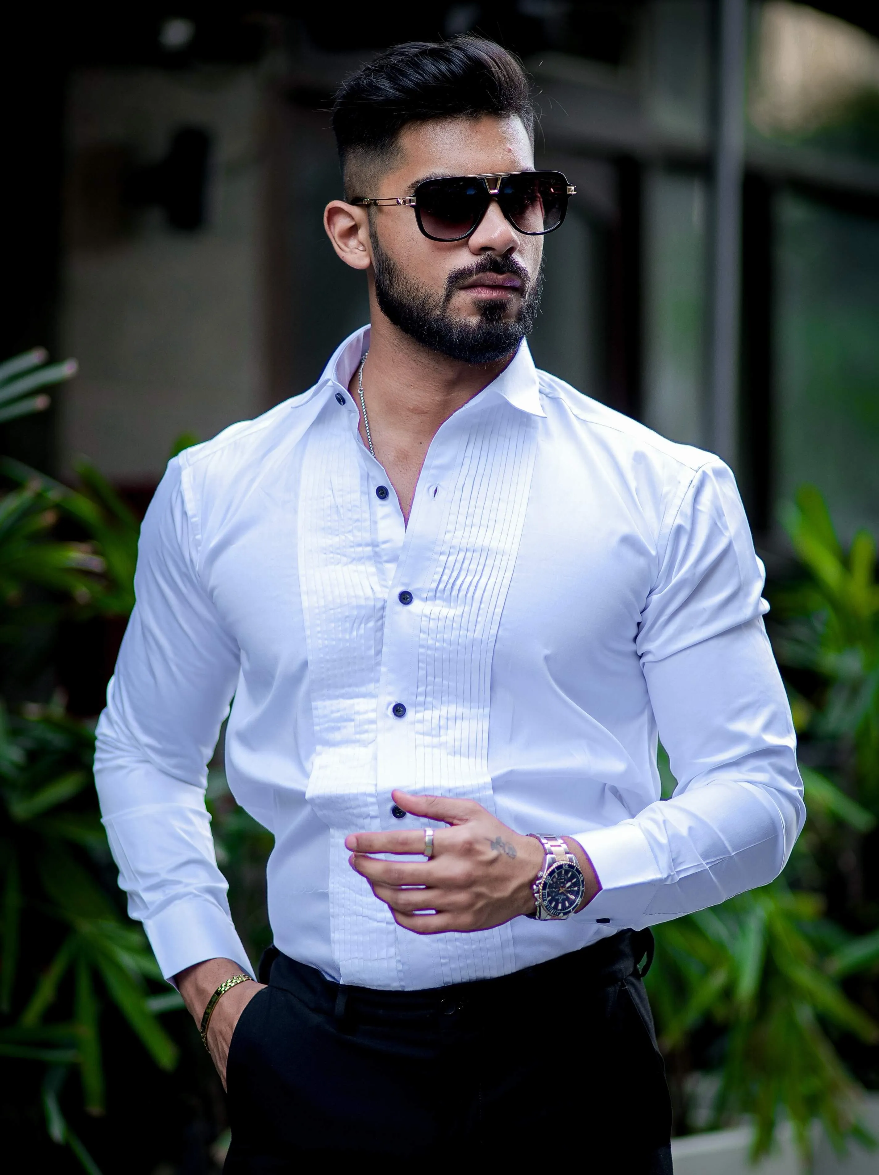 White Subtle Sheen Tuxedo Premium Giza Satin Cotton Shirt