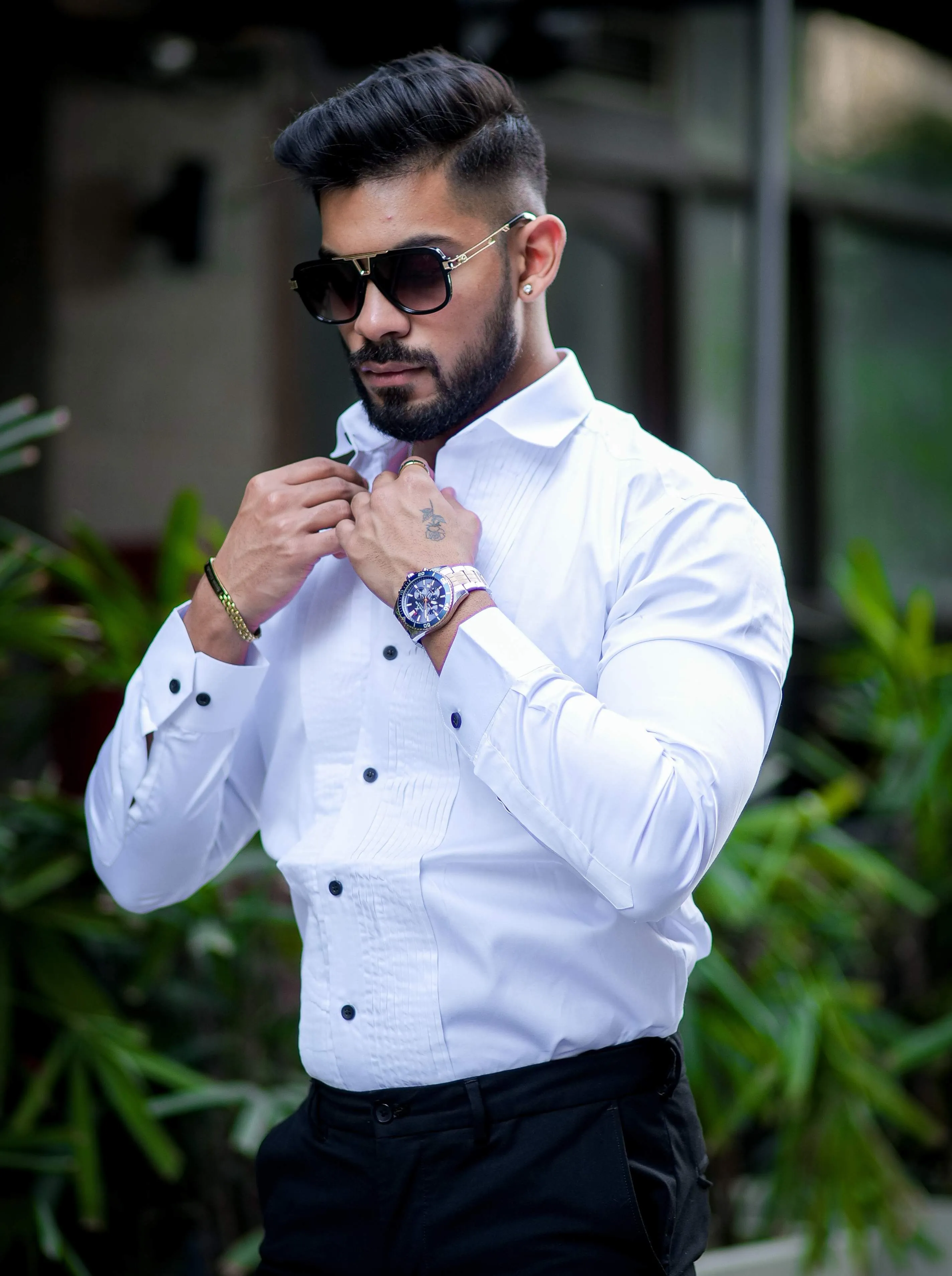 White Subtle Sheen Tuxedo Premium Giza Satin Cotton Shirt