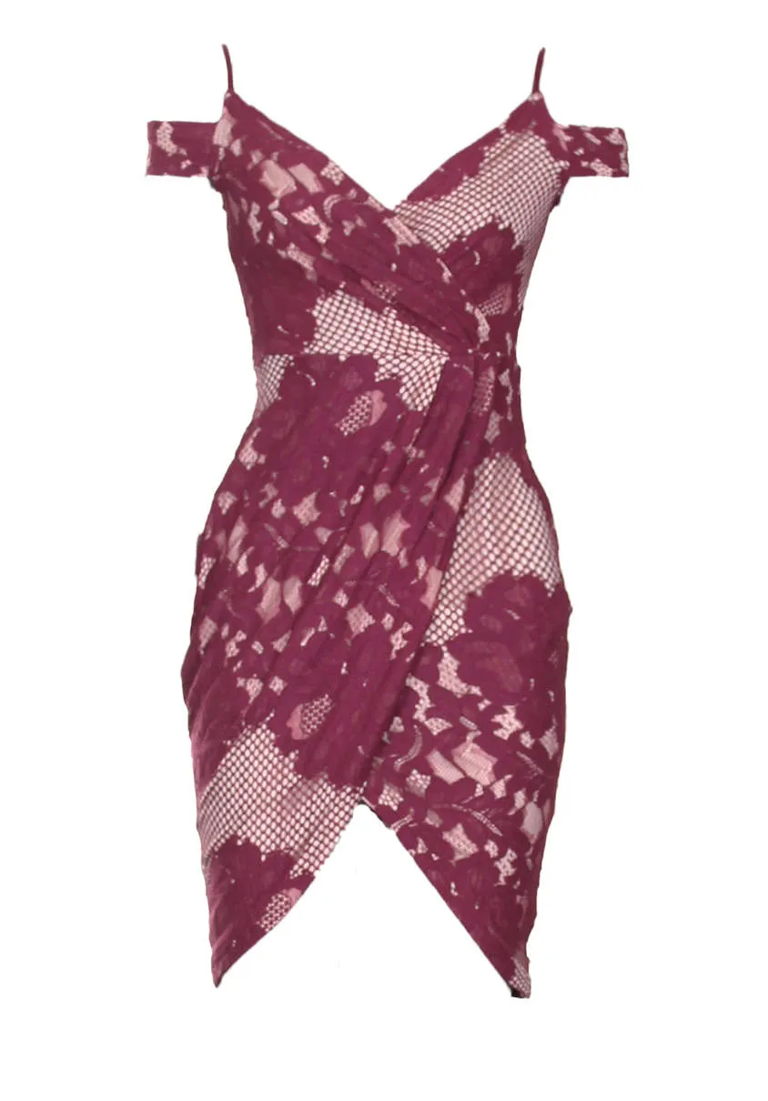 Wine Lace Cold Shoulder Wrap Dress