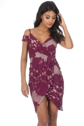 Wine Lace Cold Shoulder Wrap Dress