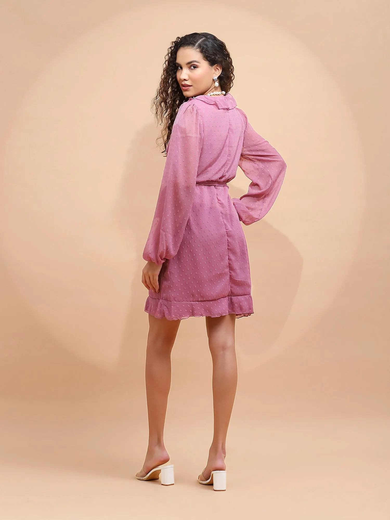 Women Dusky Pink Ruffle V-Neck Wrap Dress