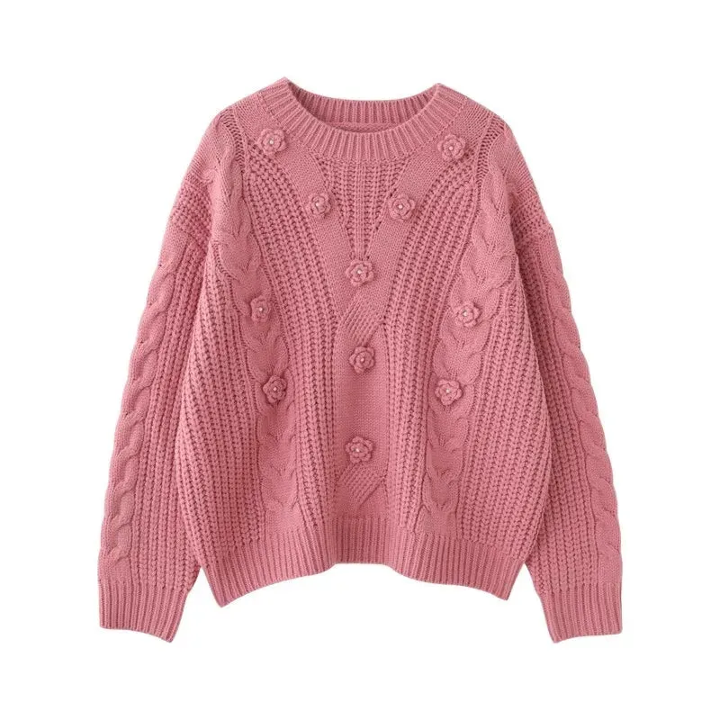 Women Fashion With Pearl Flower Appliques Loose Knit Sweater Vintage O Neck Long Sleeve Female Pullovers Chic Tops C-163